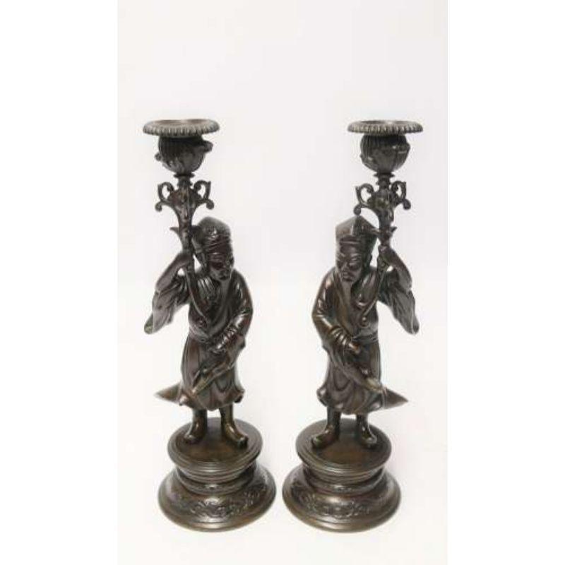 Pair of 19th C French Bronze Candlesticks in the Form of Chinese Figures C 1870 For Sale 10