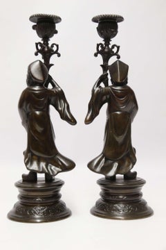 Pair of 19th C French Bronze Candlesticks in the Form of Chinese Figures C 1870