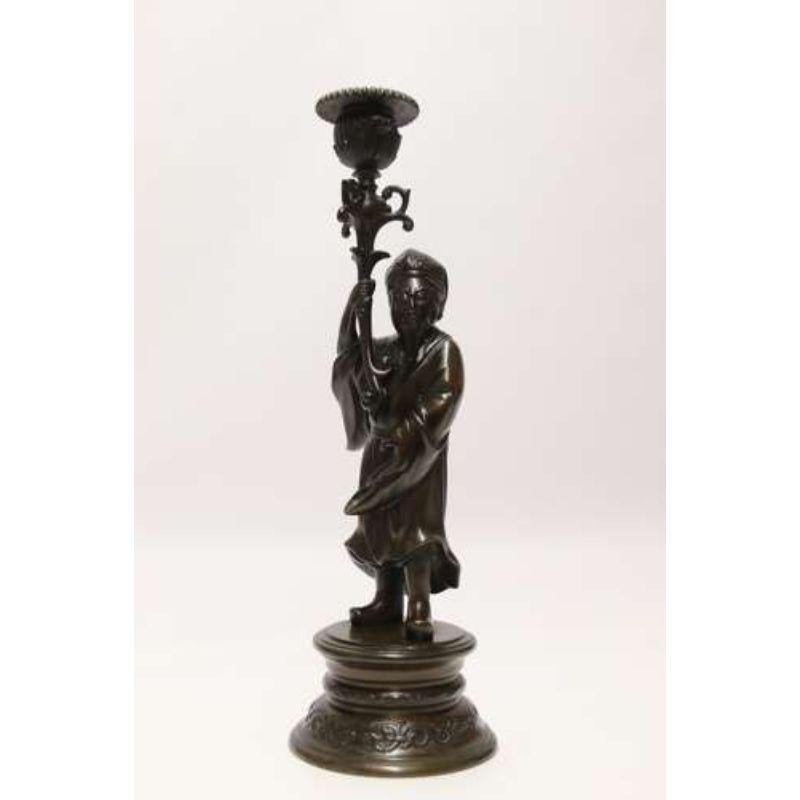 Pair of 19th C French Bronze Candlesticks in the Form of Chinese Figures C 1870 For Sale 1