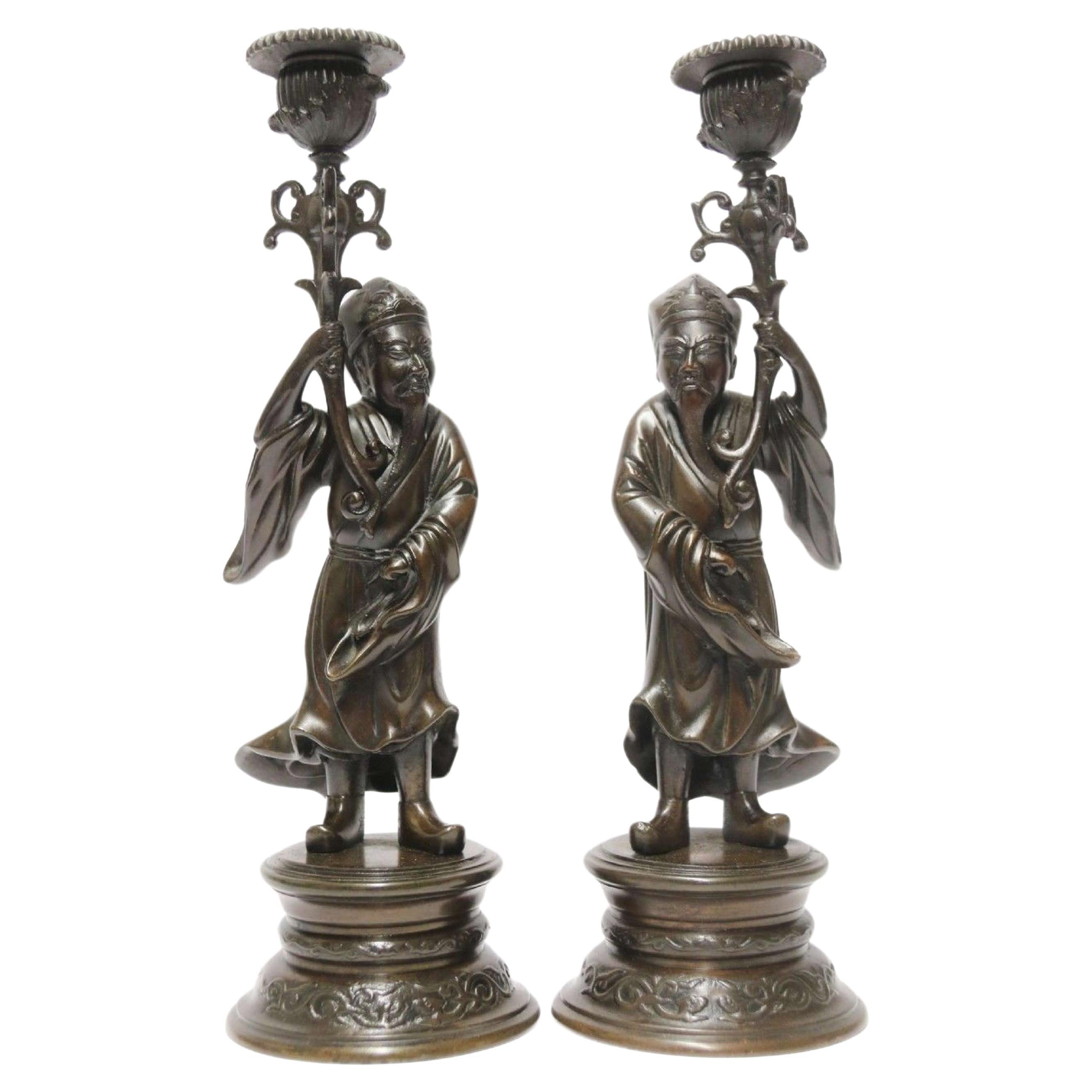 Pair of 19th C French Bronze Candlesticks in the Form of Chinese Figures C 1870 For Sale