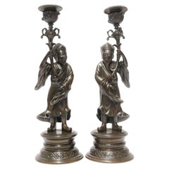 Antique Pair of 19th C French Bronze Candlesticks in the Form of Chinese Figures C 1870