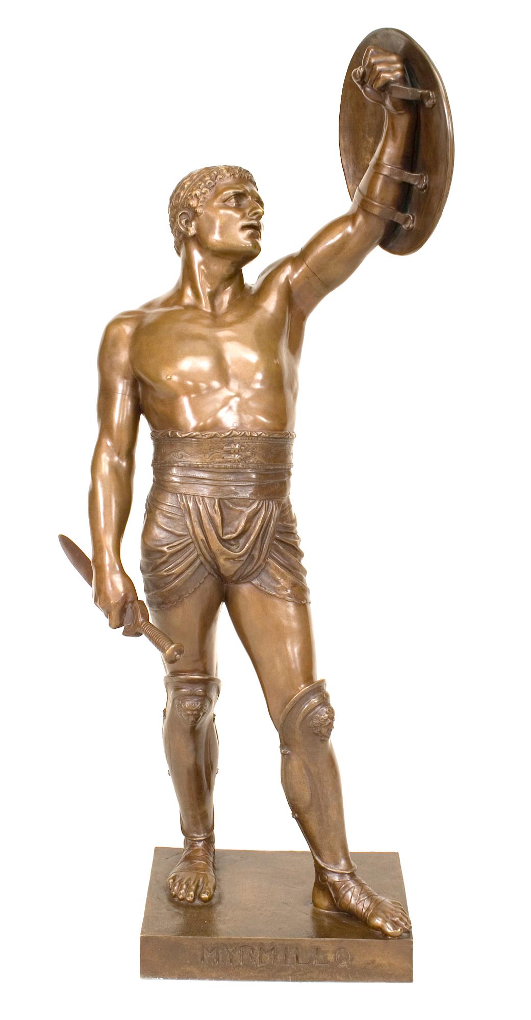 Paar stehende Gladiatorenfiguren (Retiarius und Myrmillo) aus französischer viktorianischer Bronze mit brauner Patina (signiert: E. GUILLEMIN)
