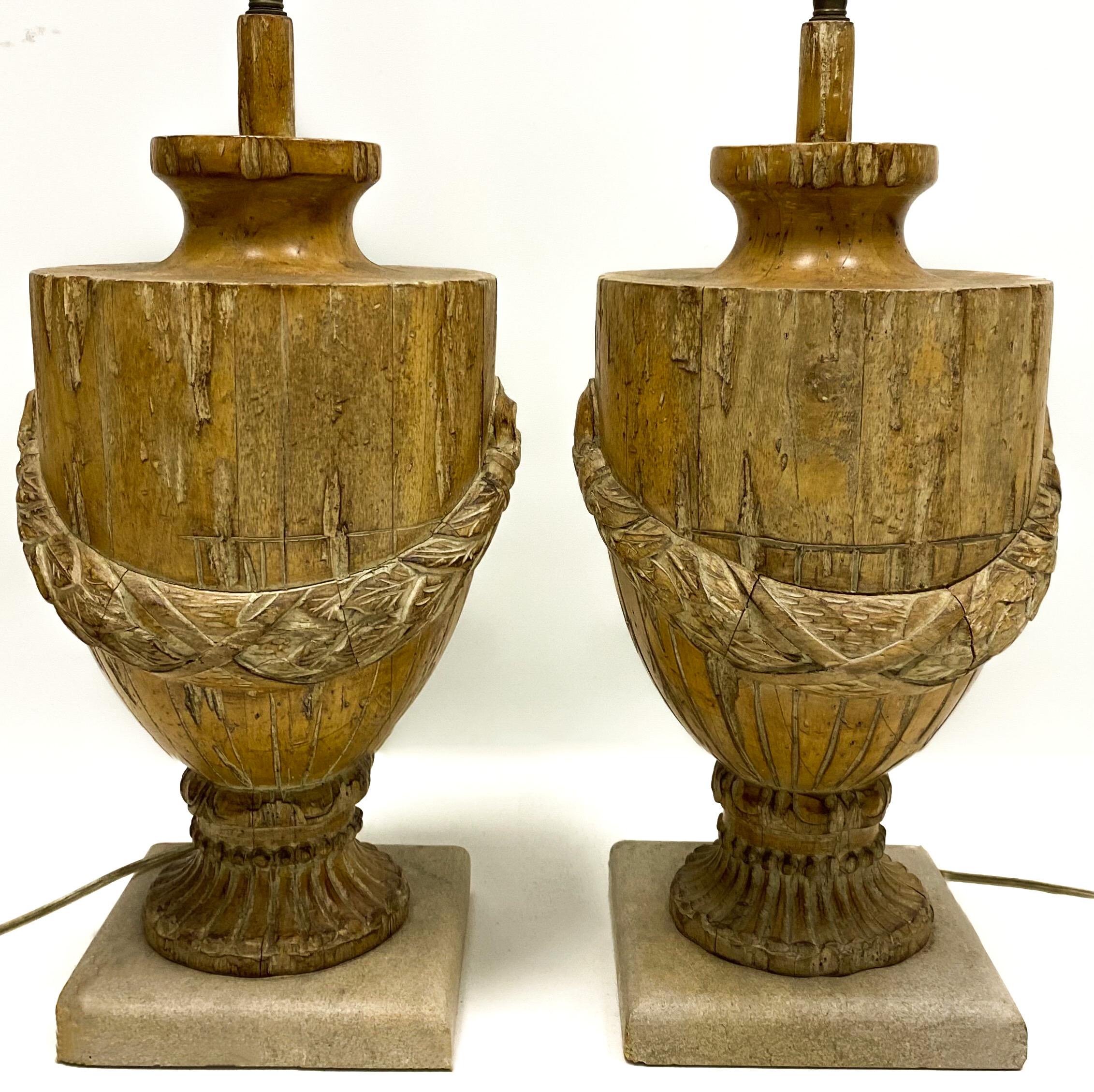 Sandstone Pair of 19th Century French Carved Urn Form Lamps with Neoclassical Styling