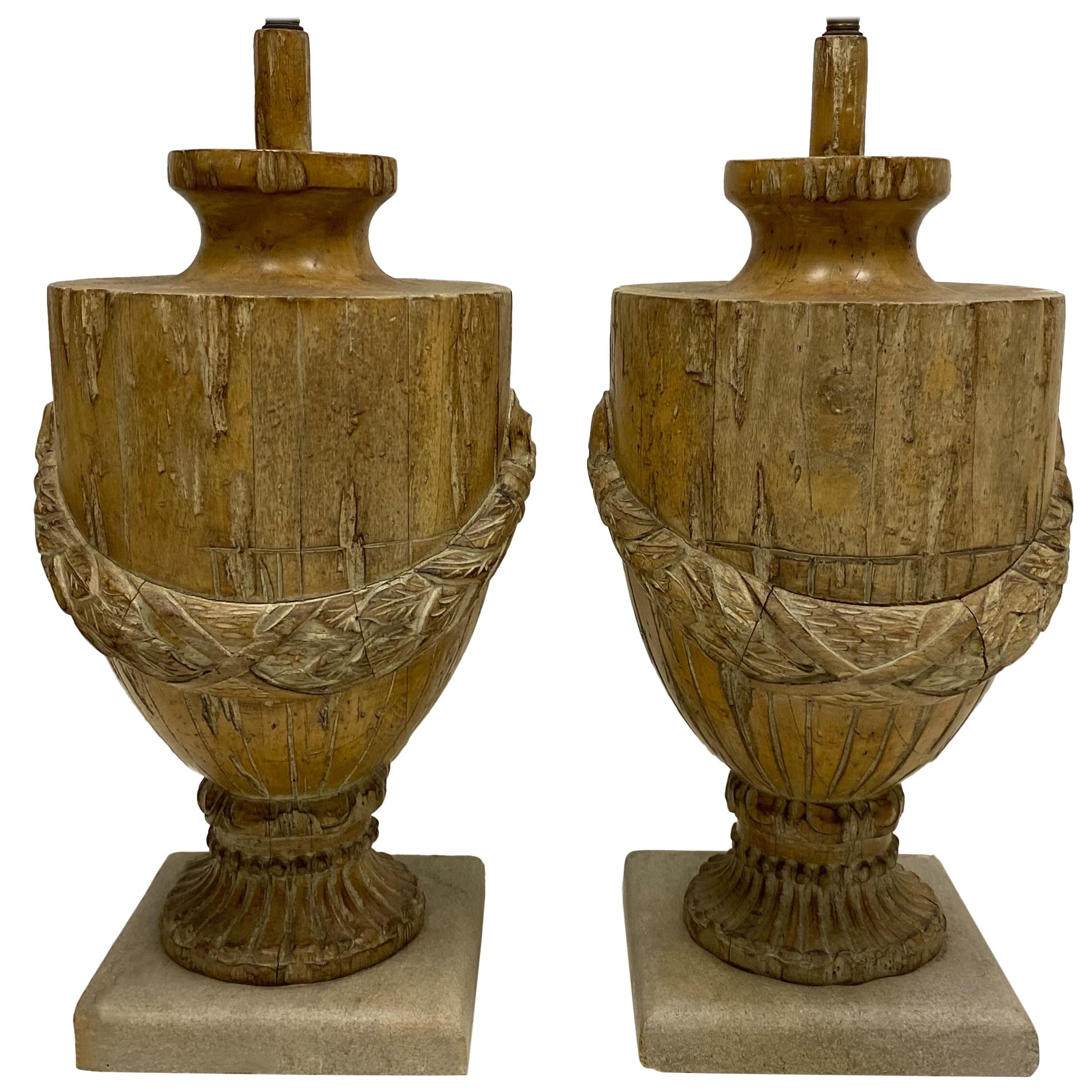 Pair of 19th Century French Carved Urn Form Lamps with Neoclassical Styling