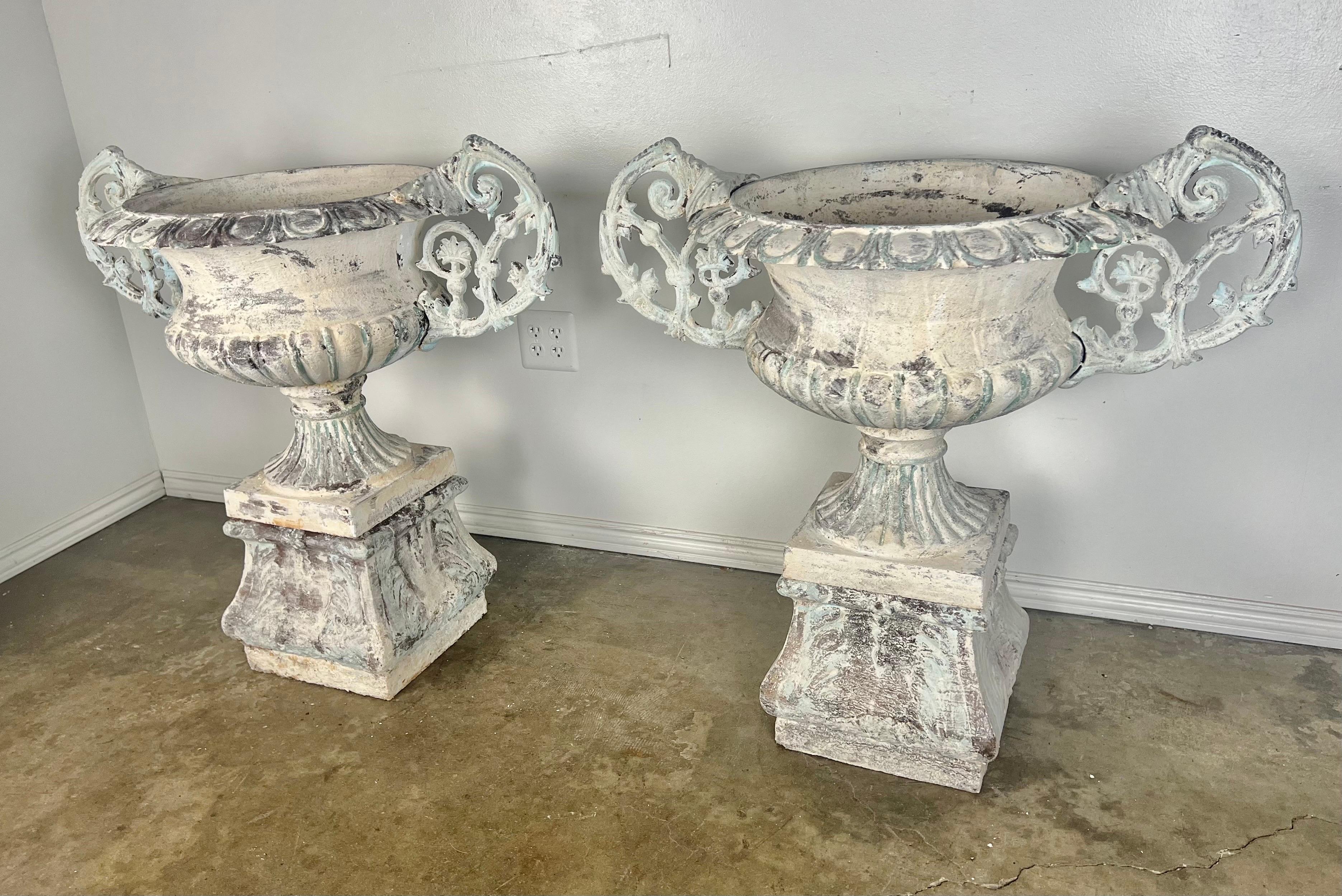 Pair of 19th C. French Cast Iron & Painted Urns In Distressed Condition For Sale In Los Angeles, CA