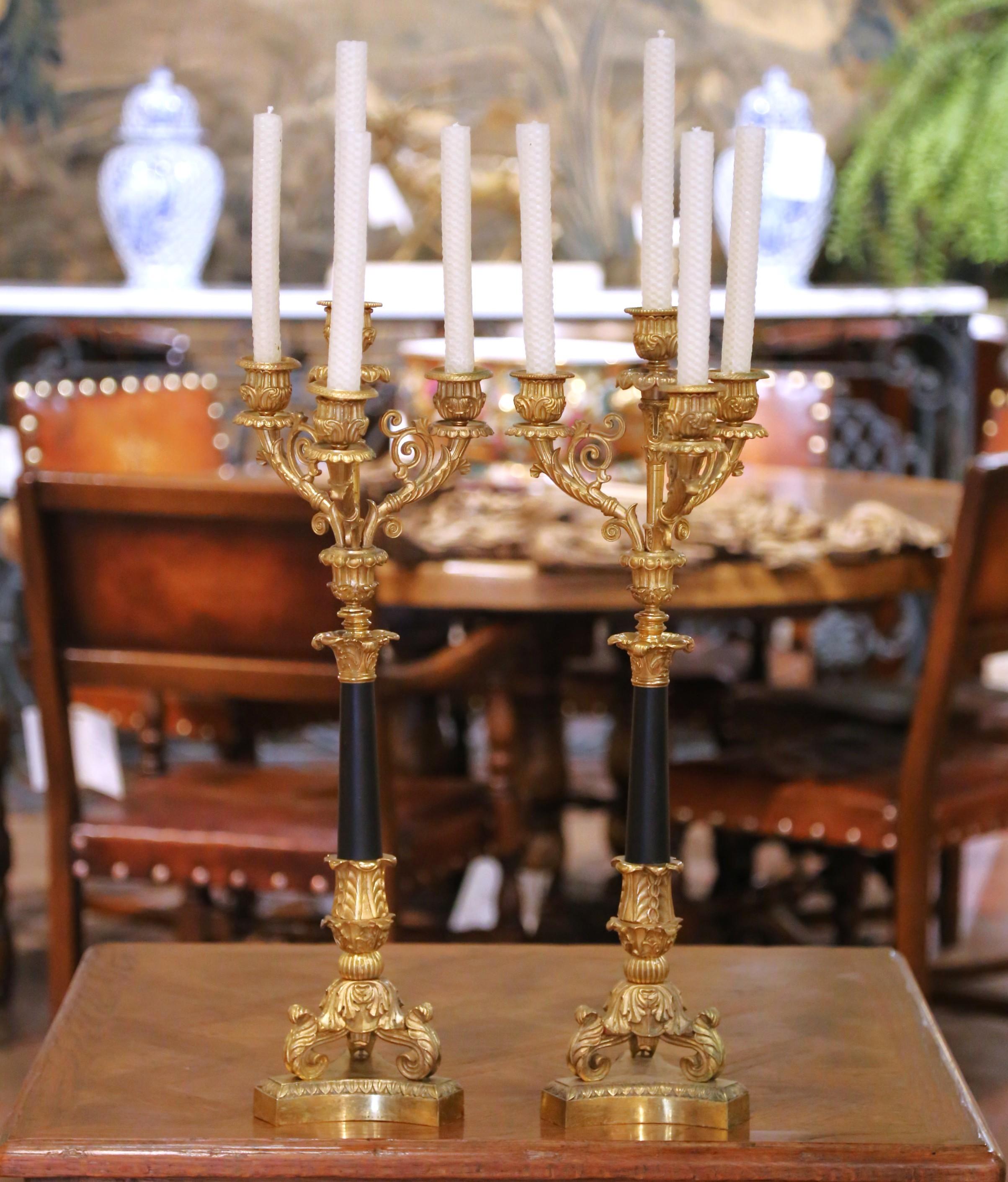 Francese Pair of 19th C. French Empire Bronze and Patinated Brass Four-Light Candelabra in vendita