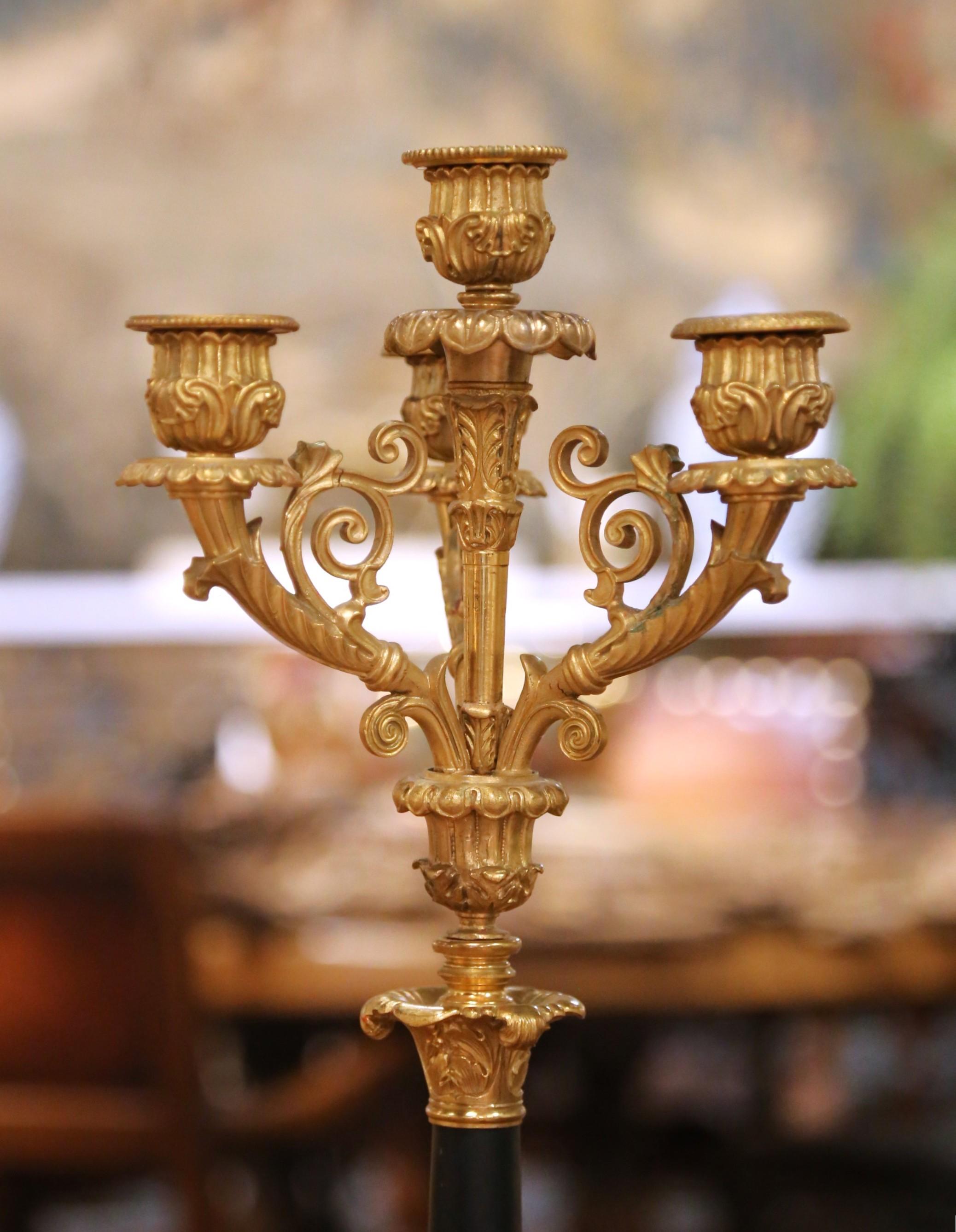 Bronzo Pair of 19th C. French Empire Bronze and Patinated Brass Four-Light Candelabra in vendita