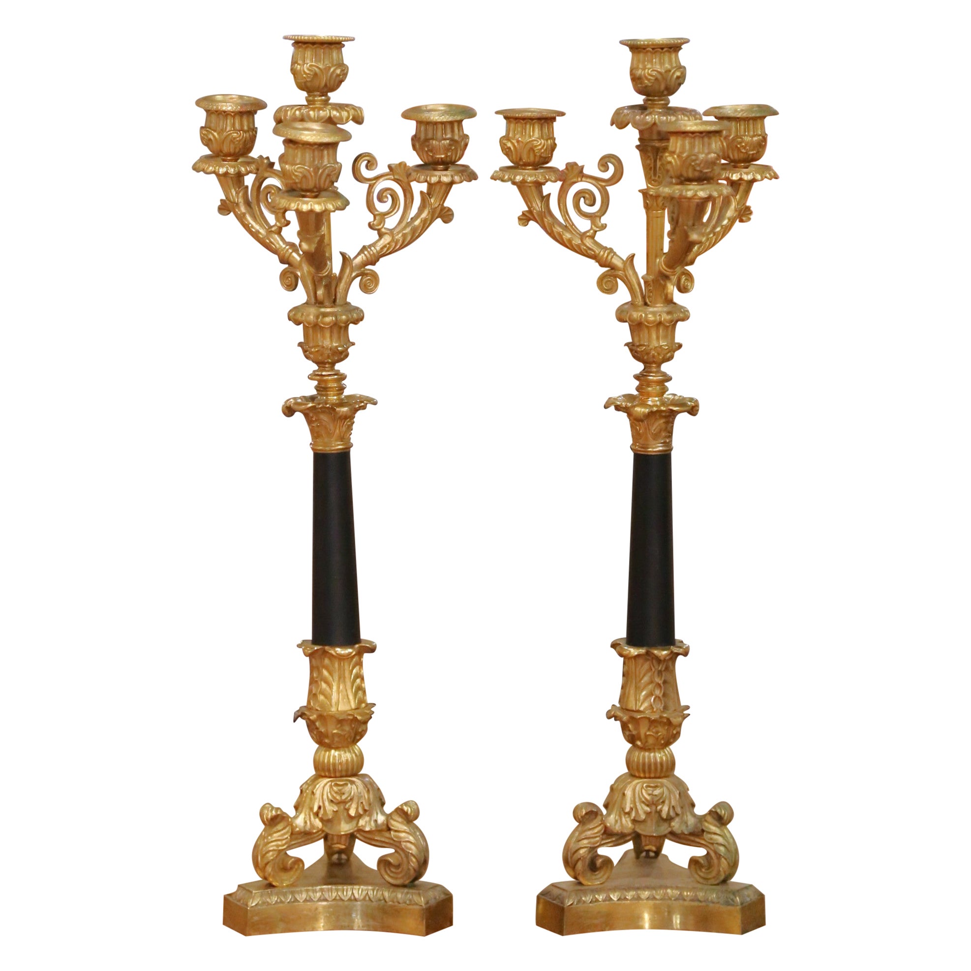 Pair of 19th C. French Empire Bronze and Patinated Brass Four-Light Candelabra in vendita