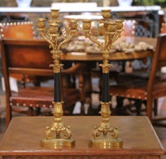 Pair of 19th C. French Empire Bronze and Patinated Brass Four-Light Candelabra