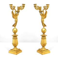Pair of 19th c. French Empire Bronze Dore Nike Candelabra