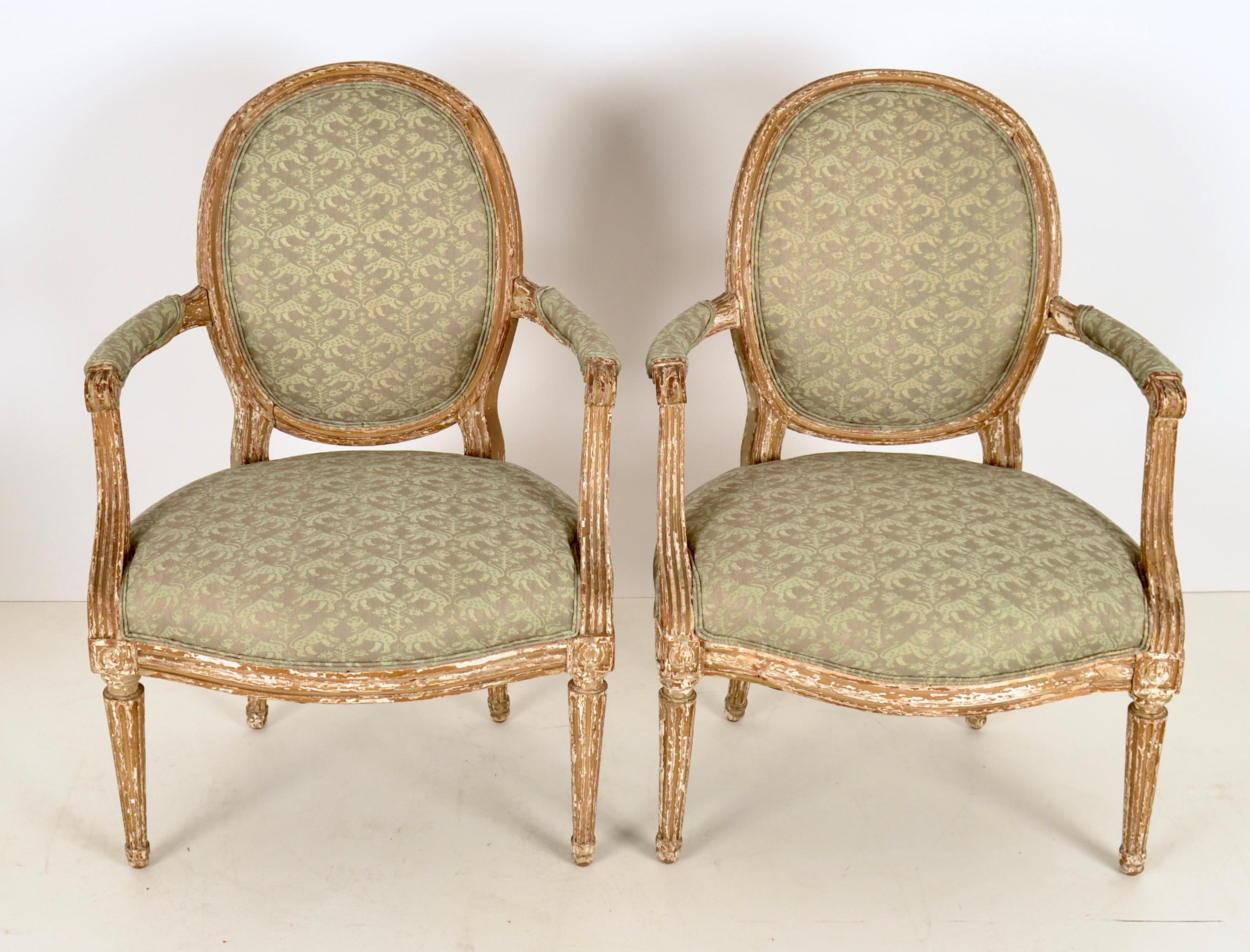 Louis XVI Pair of 19th c French Fauteuil Newly Upholstered in Fortuny Fabric For Sale