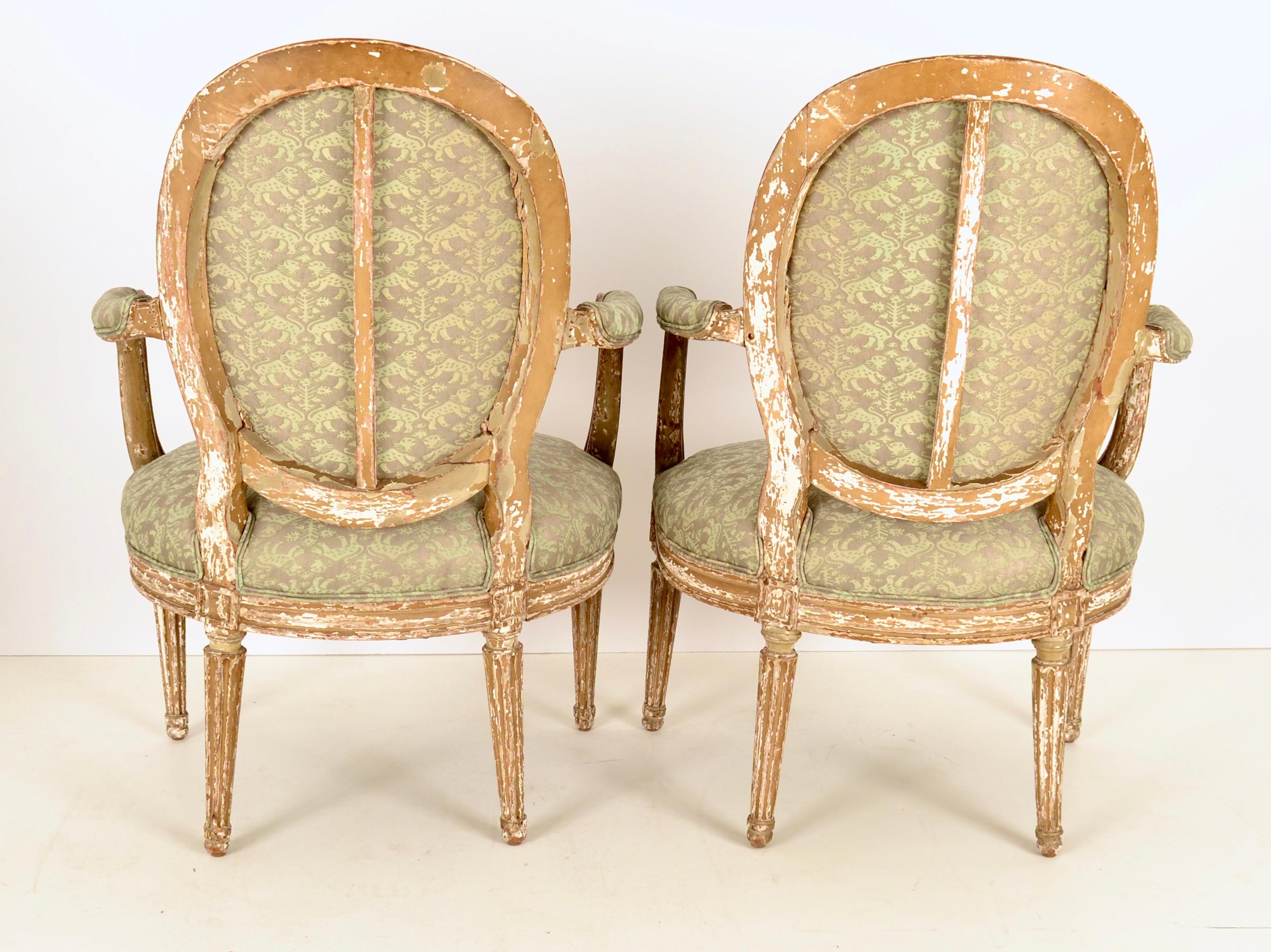 Painted Pair of 19th c French Fauteuil Newly Upholstered in Fortuny Fabric For Sale