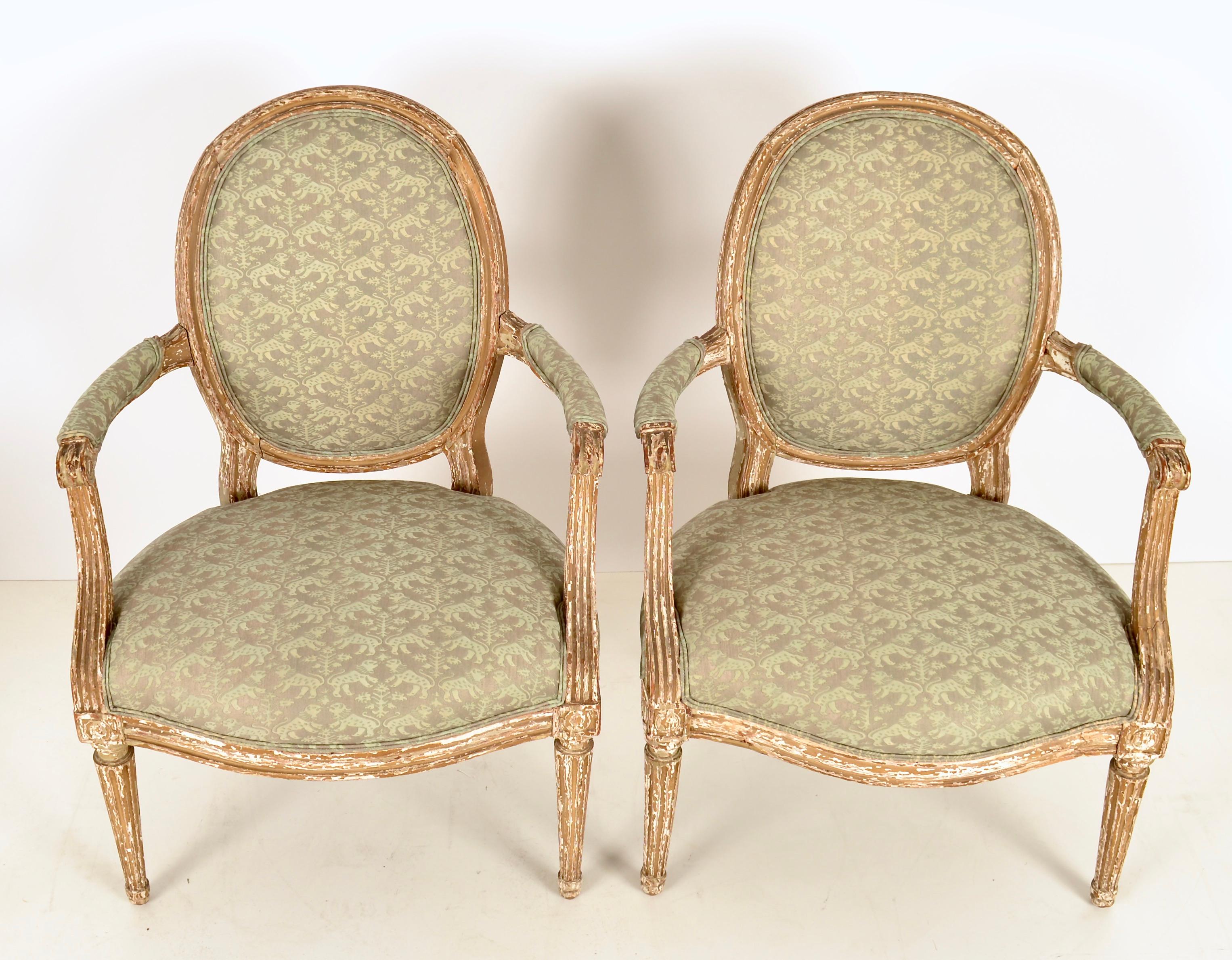 Pair of 19th c French Fauteuil Newly Upholstered in Fortuny Fabric In Fair Condition For Sale In Norwalk, CT