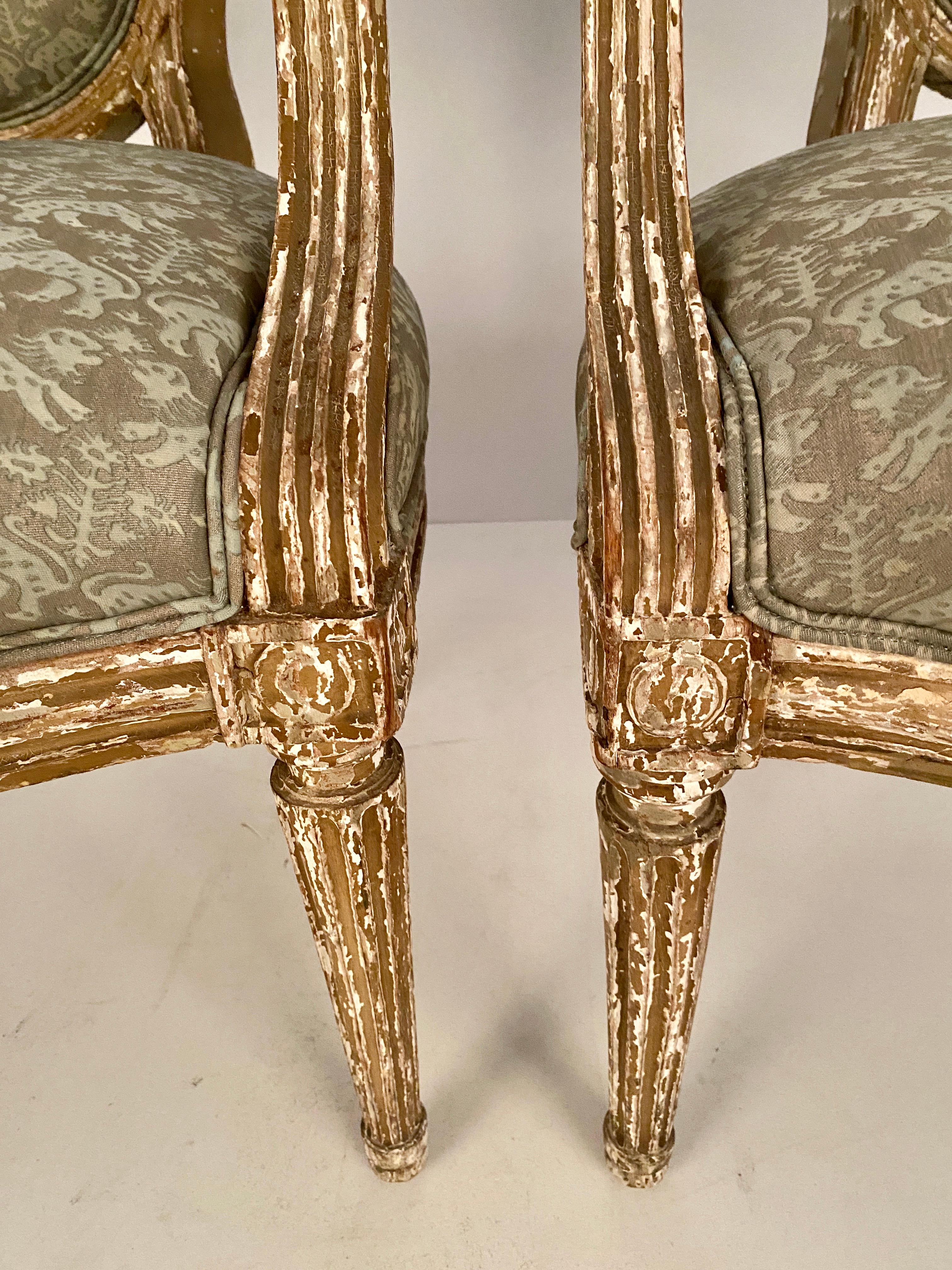 19th Century Pair of 19th c French Fauteuil Newly Upholstered in Fortuny Fabric For Sale