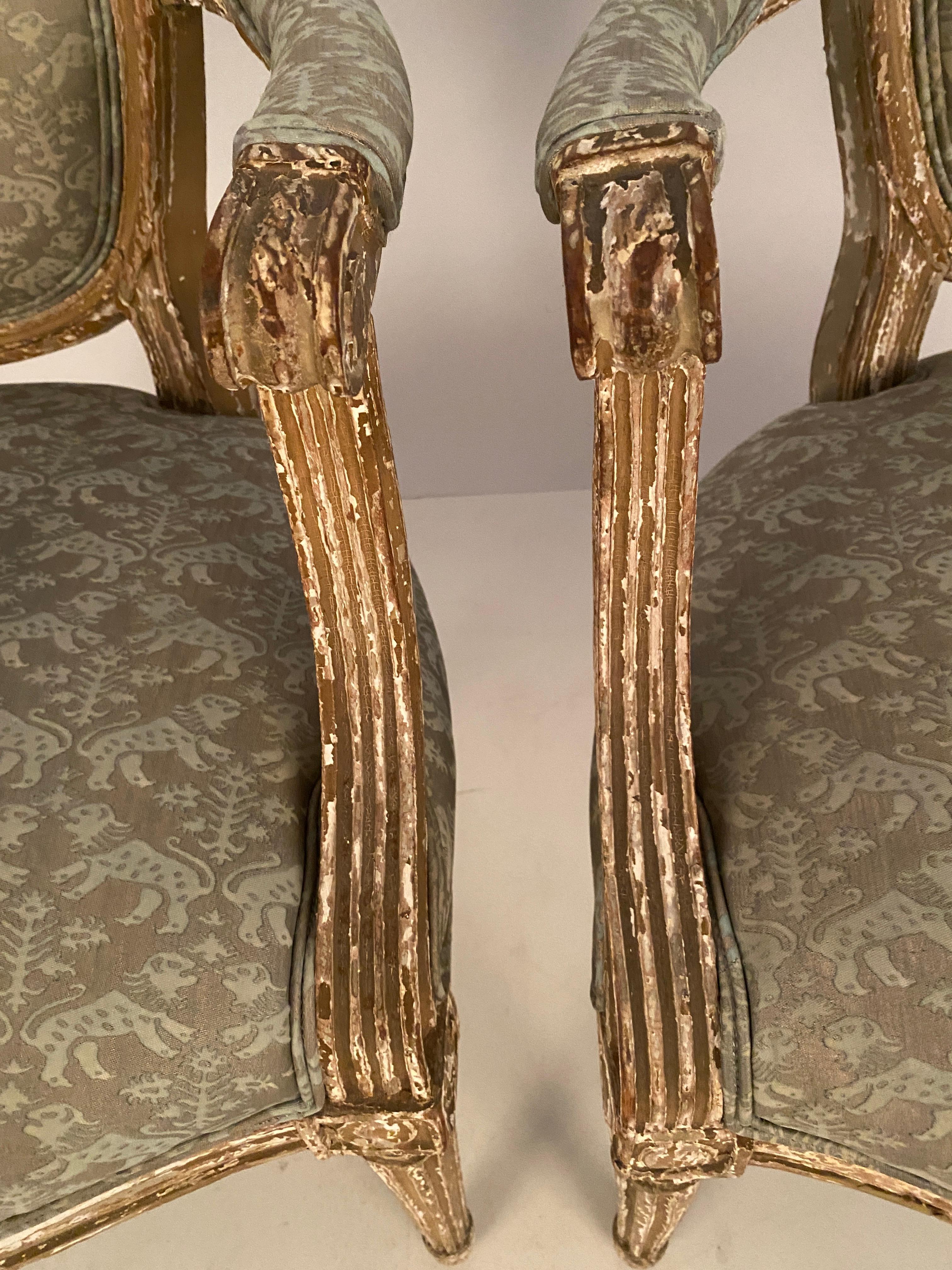 Upholstery Pair of 19th c French Fauteuil Newly Upholstered in Fortuny Fabric For Sale