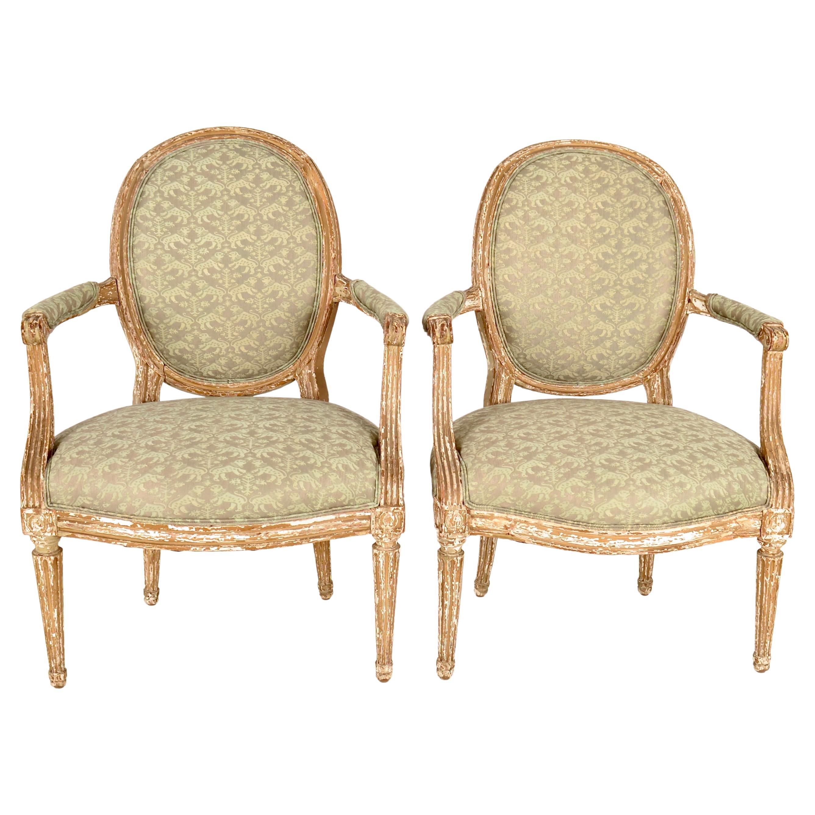 Pair of 19th c French Fauteuil Newly Upholstered in Fortuny Fabric For Sale
