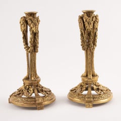 Pair of 19th C French Gilt Bronze Ram’s Head Candlesticks w Musical Motifs