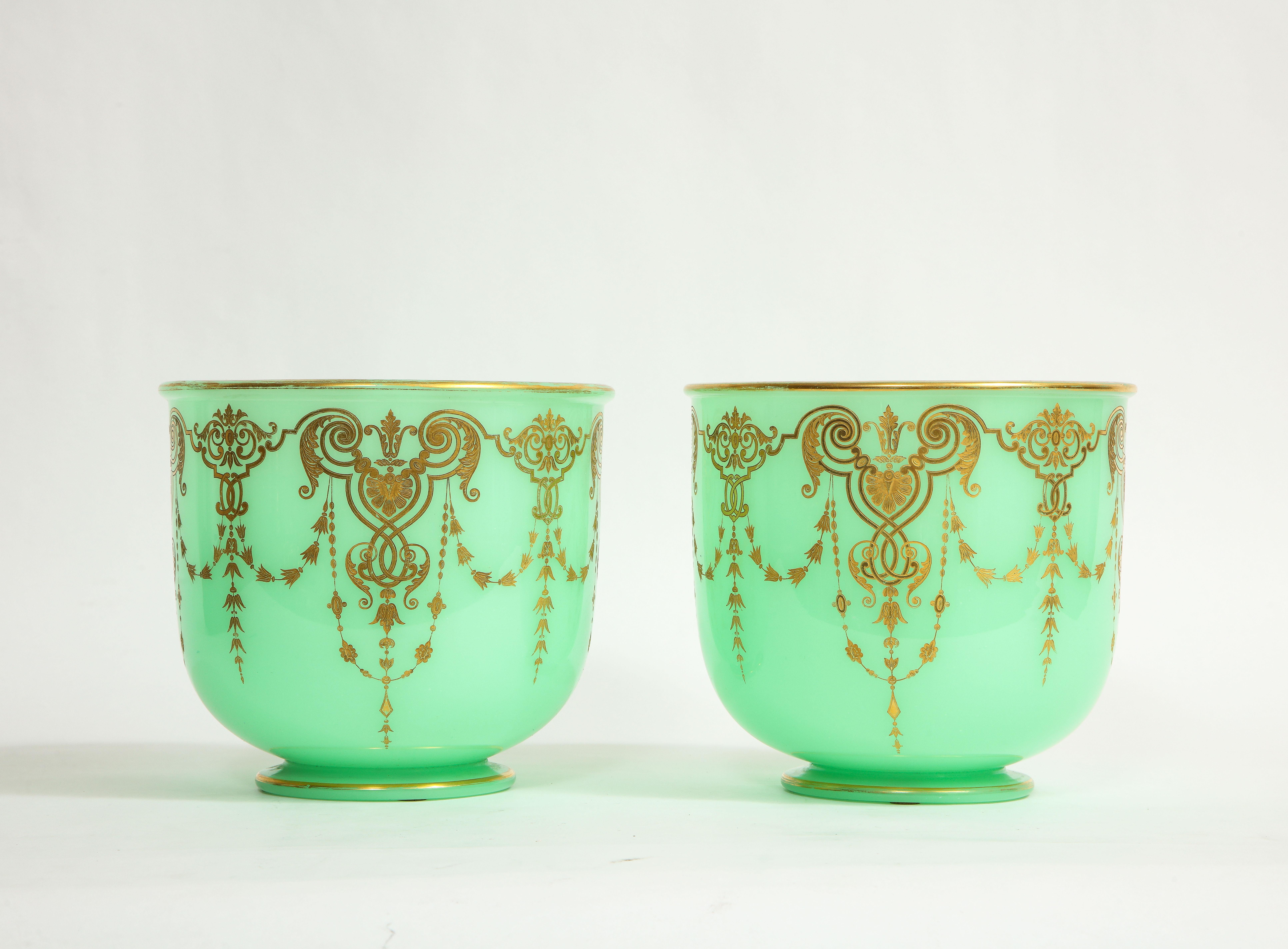 Louis XVI Pair of 19th C. French Green Opaline Crystal Cachepots Engraved Gilt Decoration For Sale