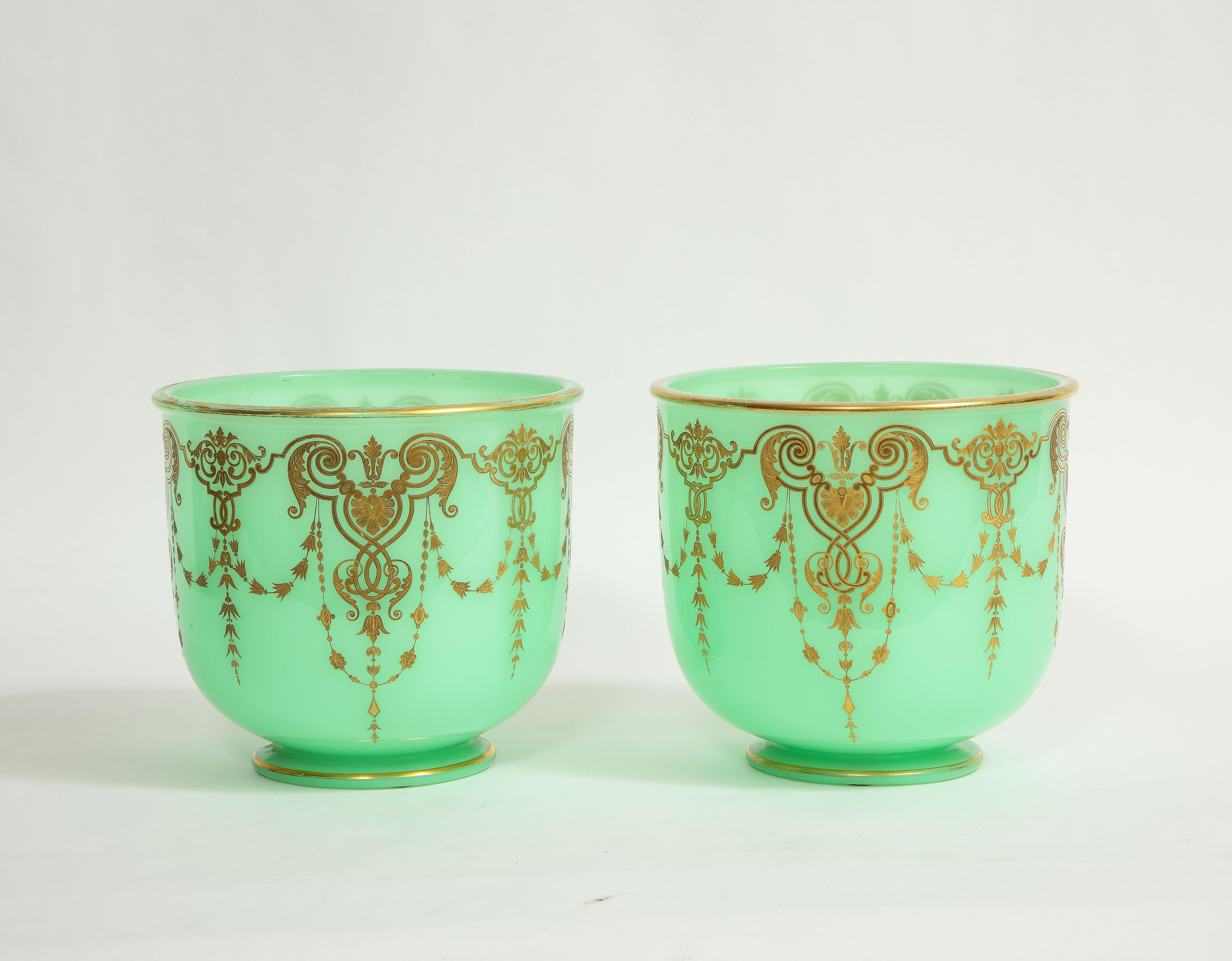 Hand-Carved Pair of 19th C. French Green Opaline Crystal Cachepots Engraved Gilt Decoration For Sale