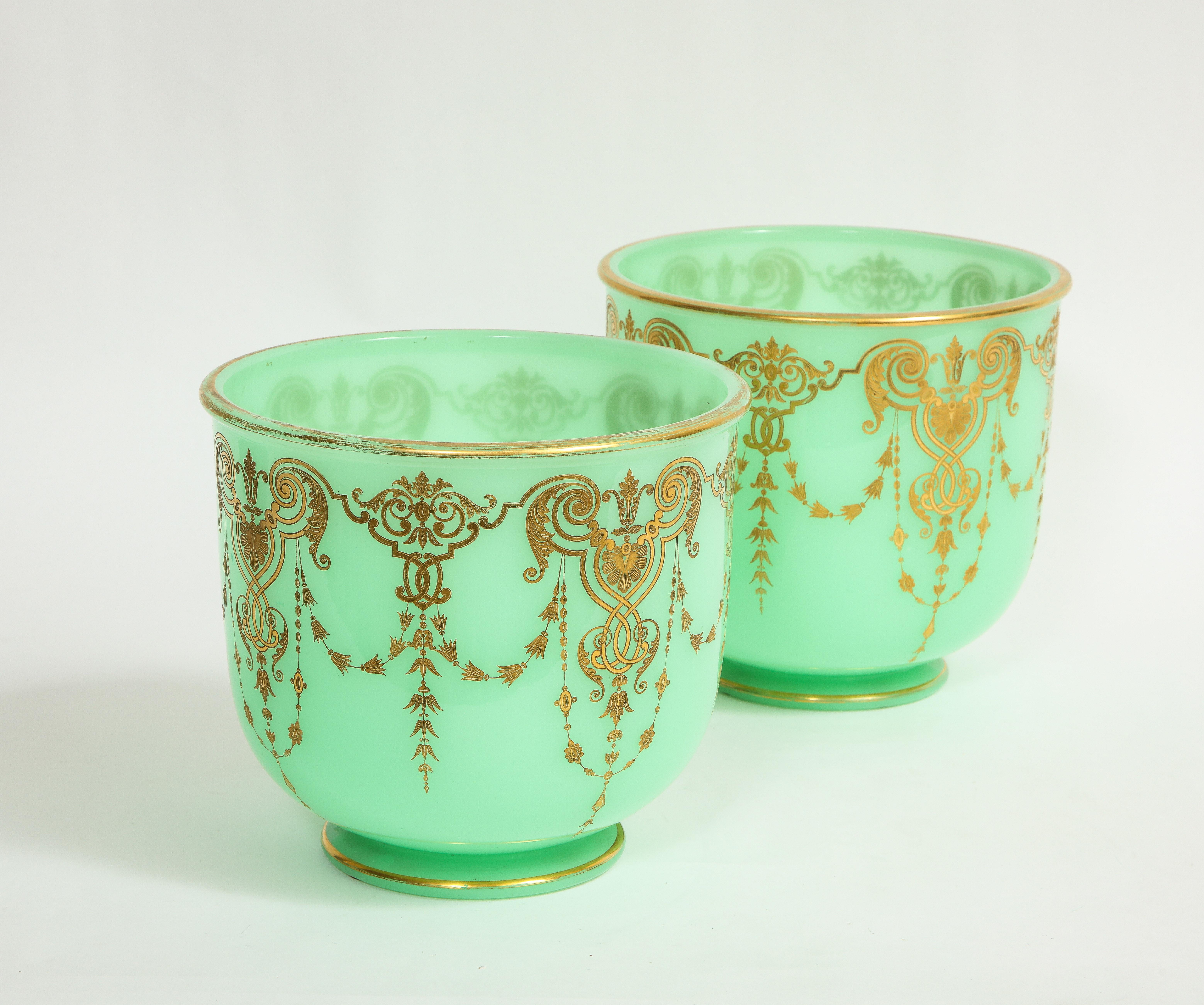 Pair of 19th C. French Green Opaline Crystal Cachepots Engraved Gilt Decoration In Good Condition For Sale In New York, NY