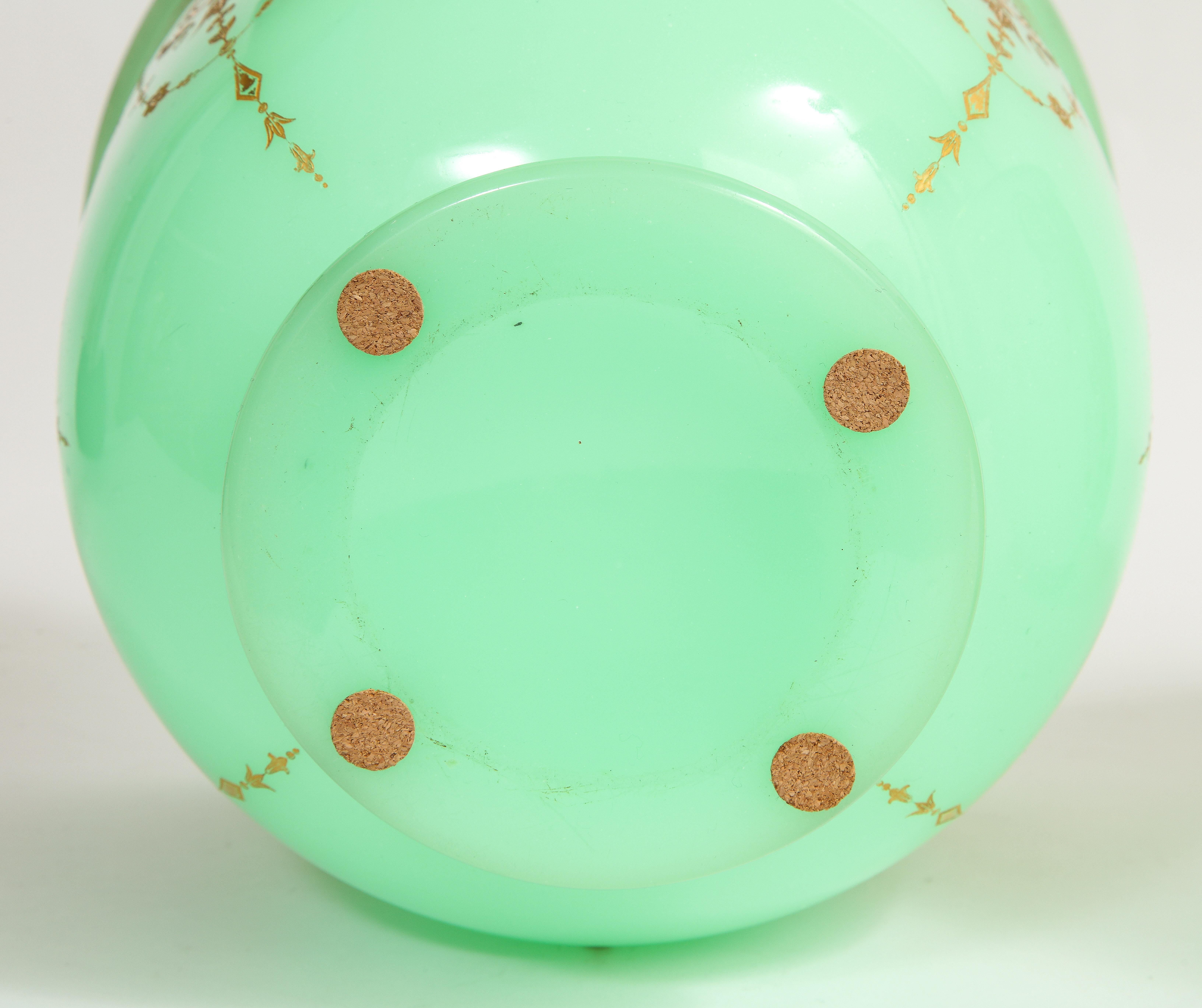 Pair of 19th C. French Green Opaline Crystal Cachepots Engraved Gilt Decoration For Sale 2