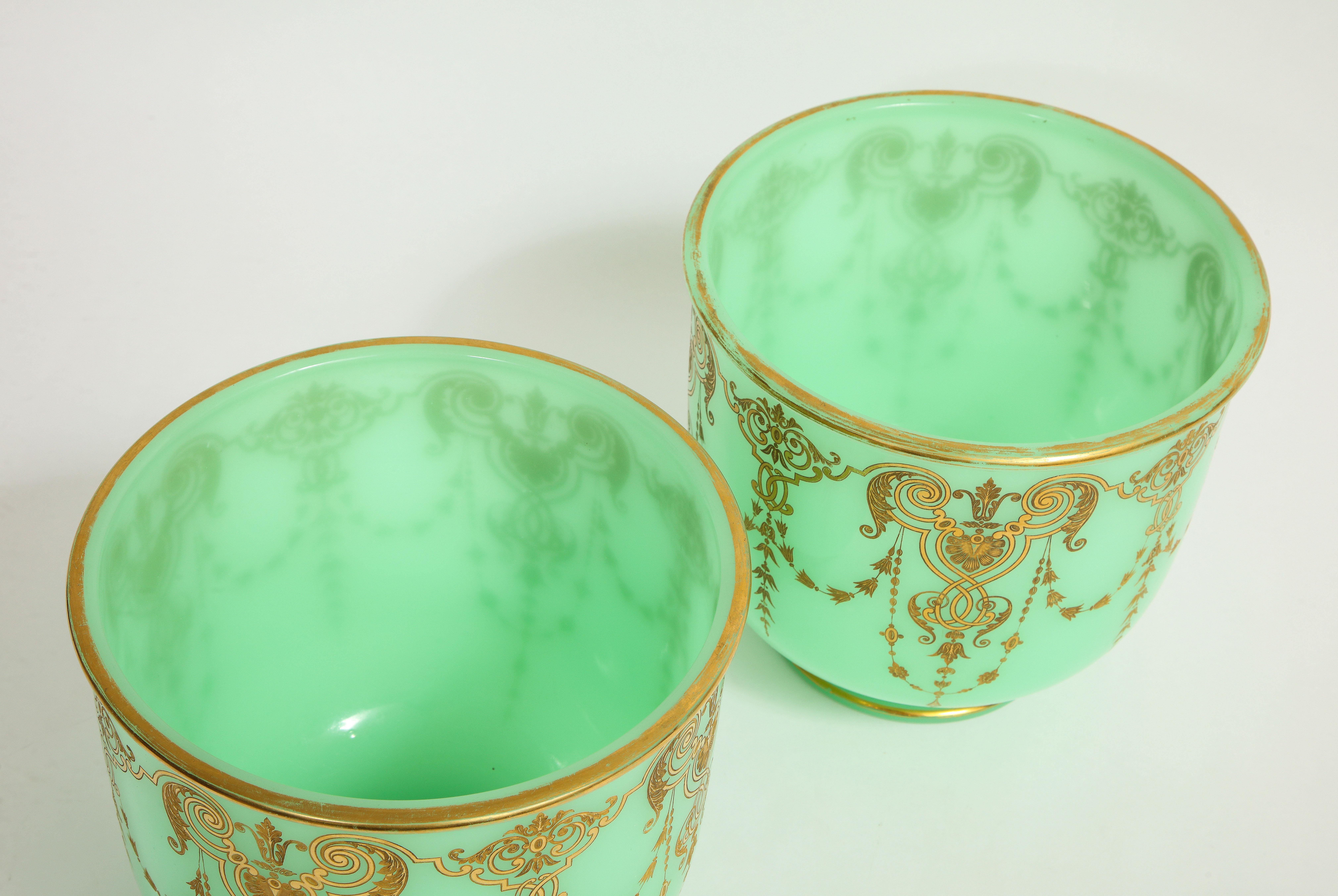 Pair of 19th C. French Green Opaline Crystal Cachepots Engraved Gilt Decoration For Sale 3