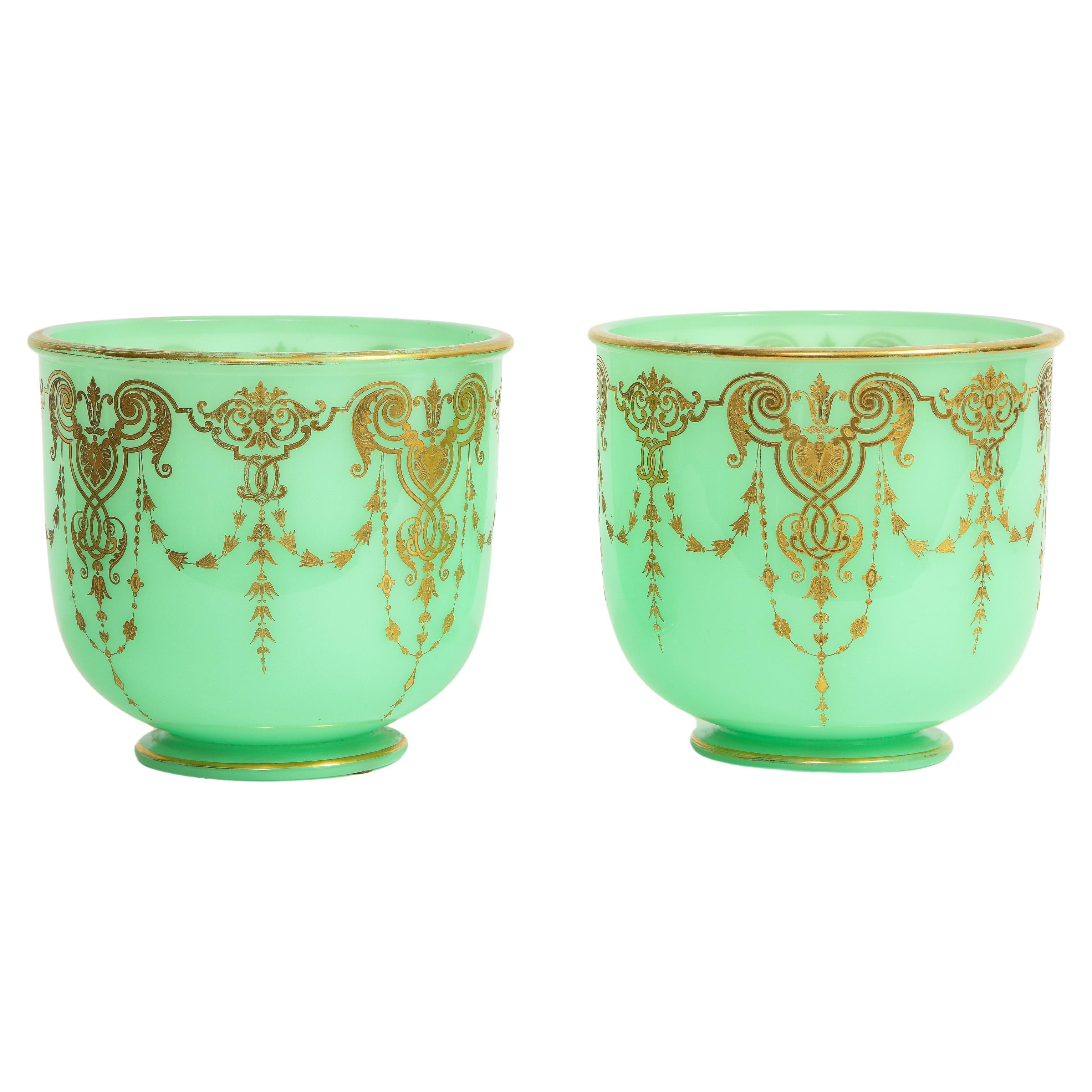 Pair of 19th C. French Green Opaline Crystal Cachepots Engraved Gilt Decoration For Sale