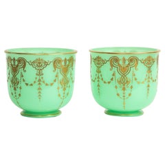 Pair of 19th C. French Green Opaline Crystal Cachepots Engraved Gilt Decoration