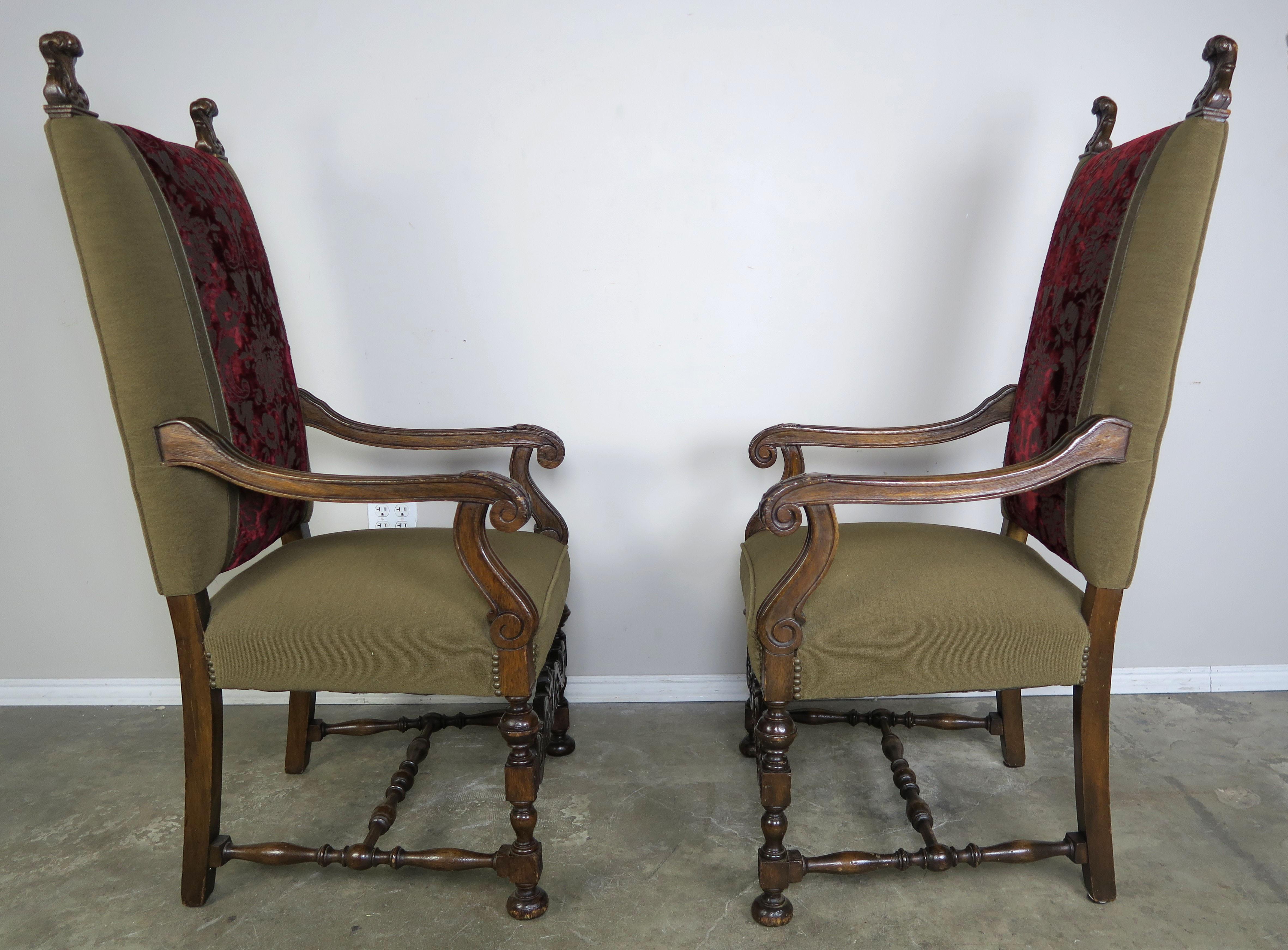 Exceptional pair of antique French Louis XIII style armchairs, or sometimes referred to as a throne chairs. Typically, you might see these in oak or beech wood, but rarely would you find an antique Louis XIII style armchair, in a beautiful figured