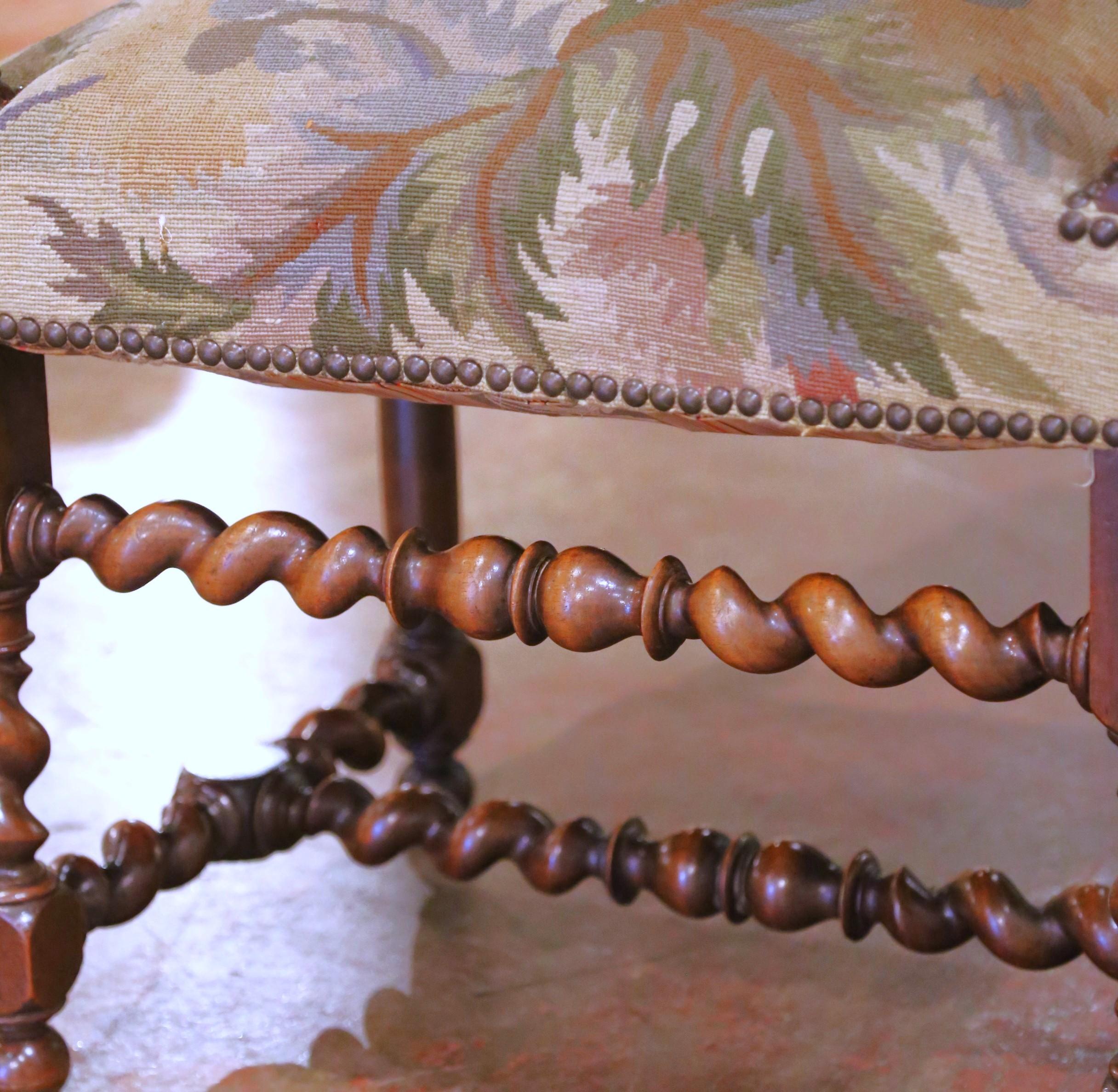 Pair of 19th C. French Louis XIII Walnut Armchairs with Aubusson Upholstery For Sale 5