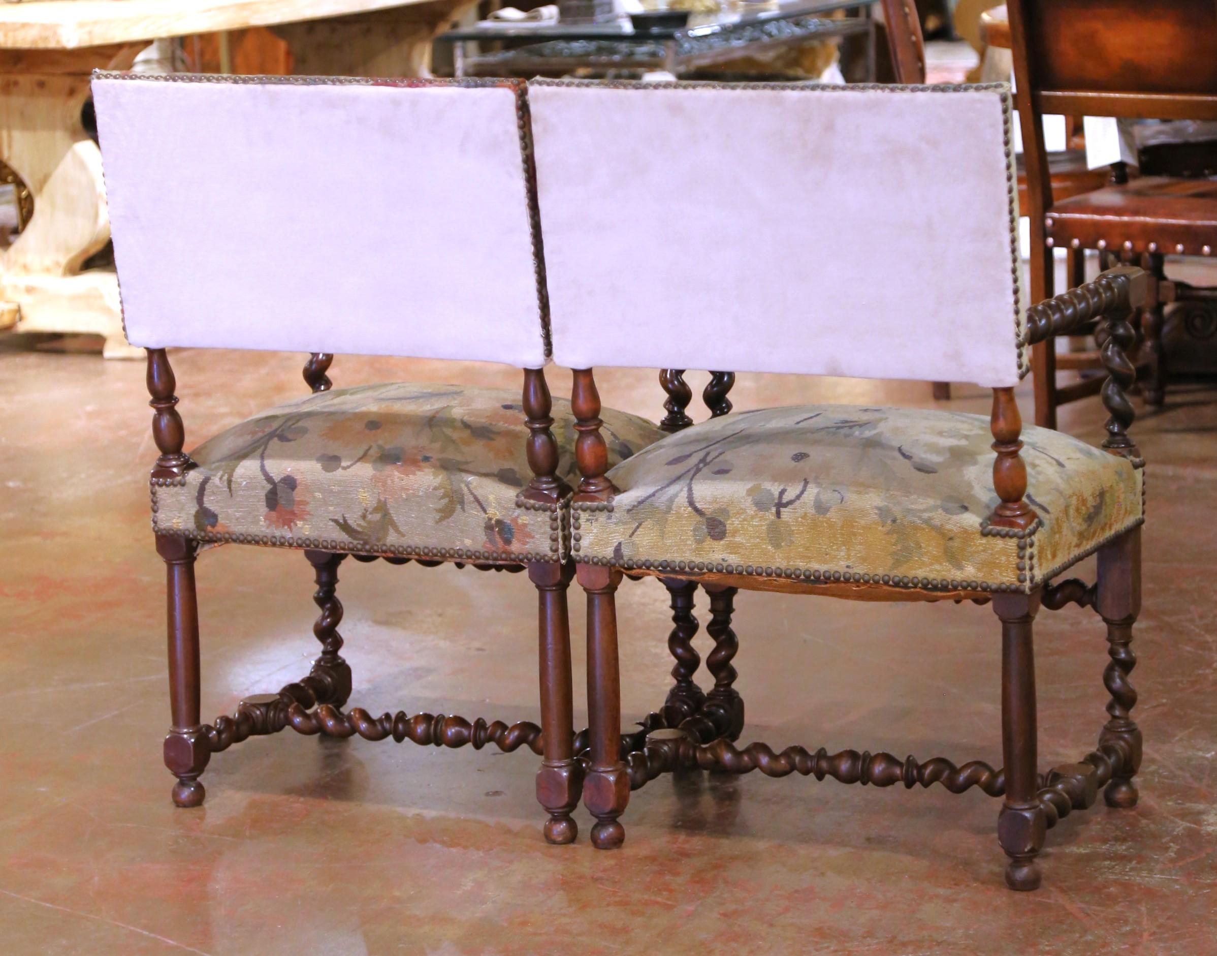 Pair of 19th C. French Louis XIII Walnut Armchairs with Aubusson Upholstery For Sale 7