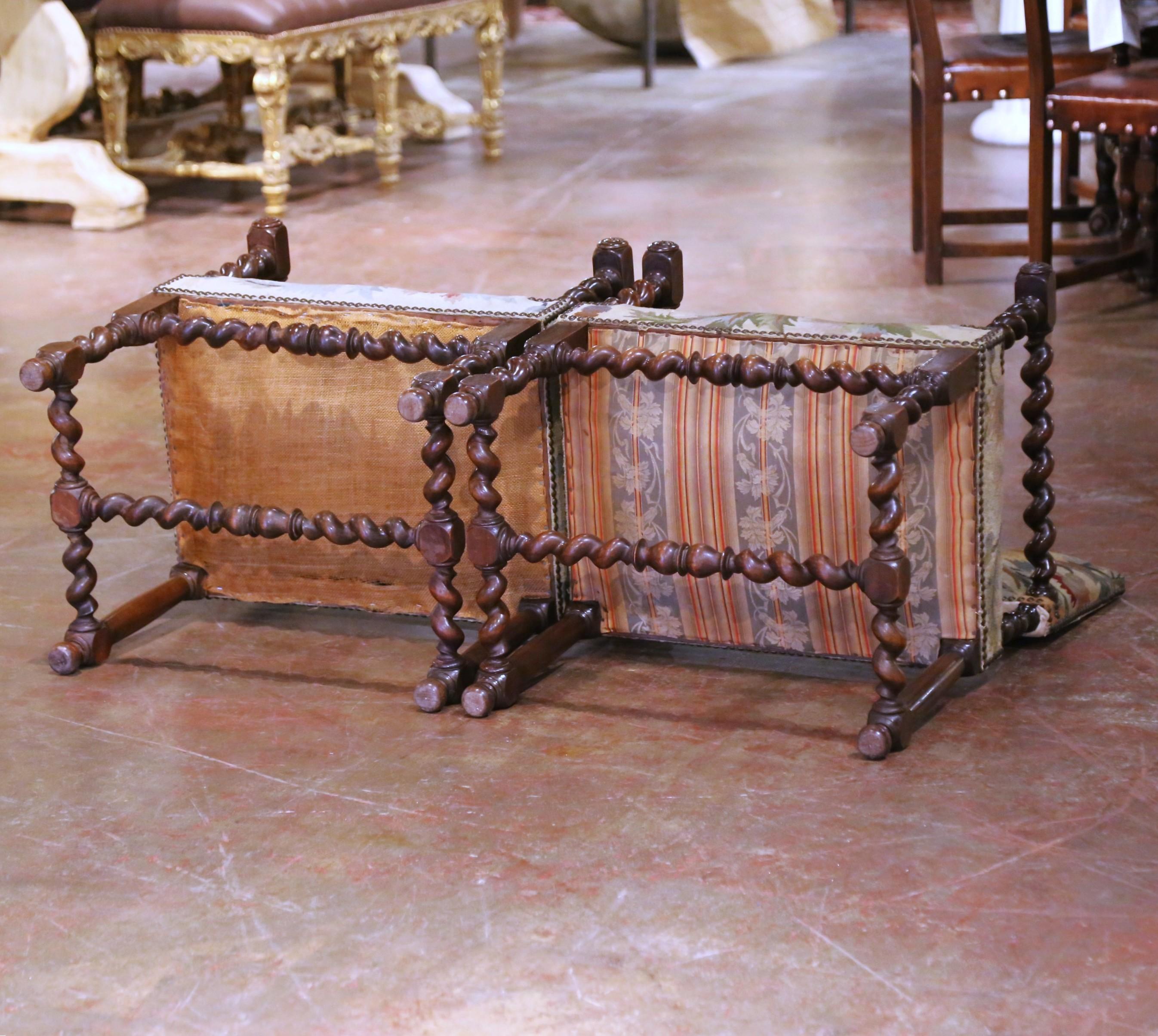 Pair of 19th C. French Louis XIII Walnut Armchairs with Aubusson Upholstery For Sale 8