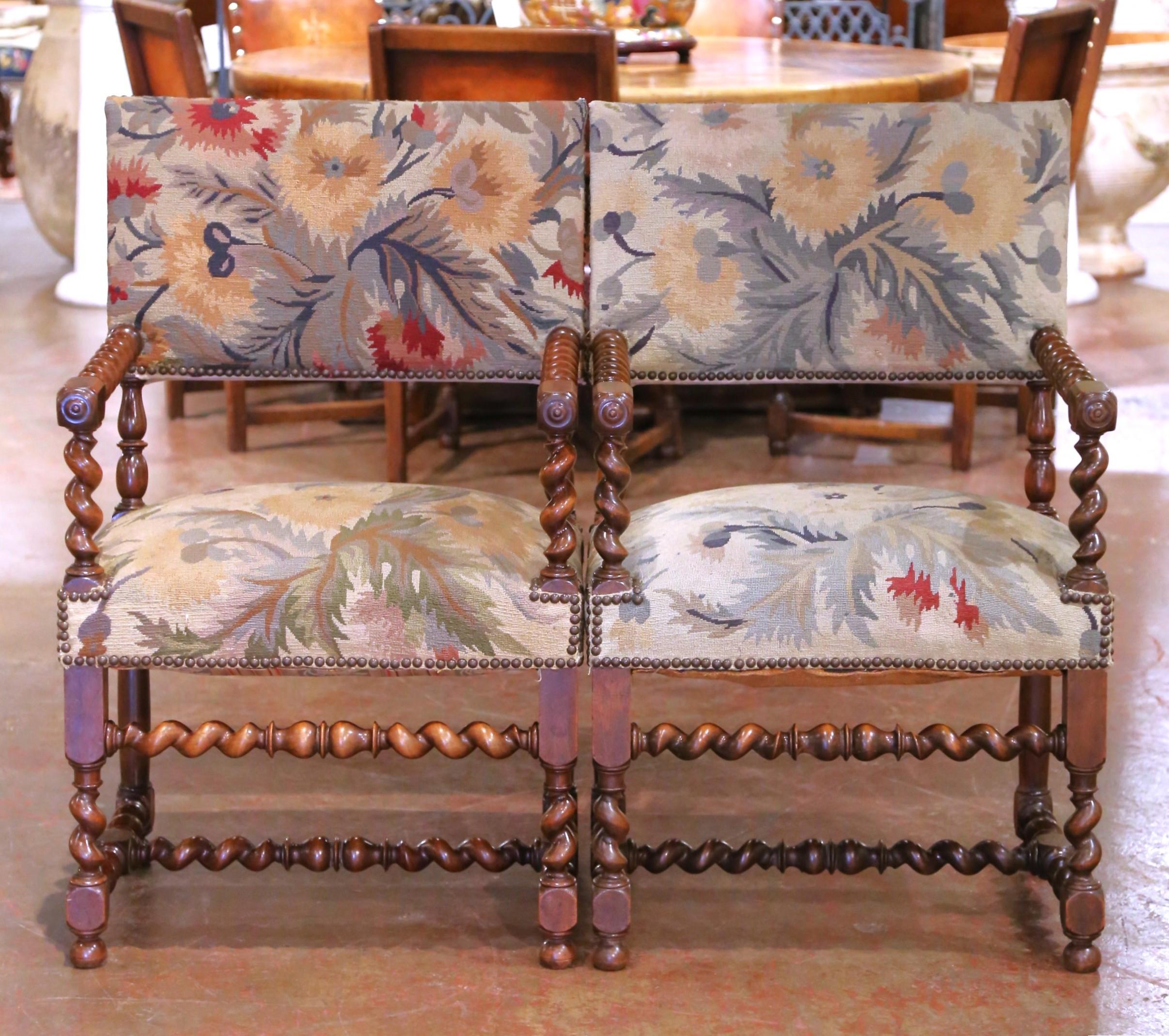 Hand-Carved Pair of 19th C. French Louis XIII Walnut Armchairs with Aubusson Upholstery For Sale