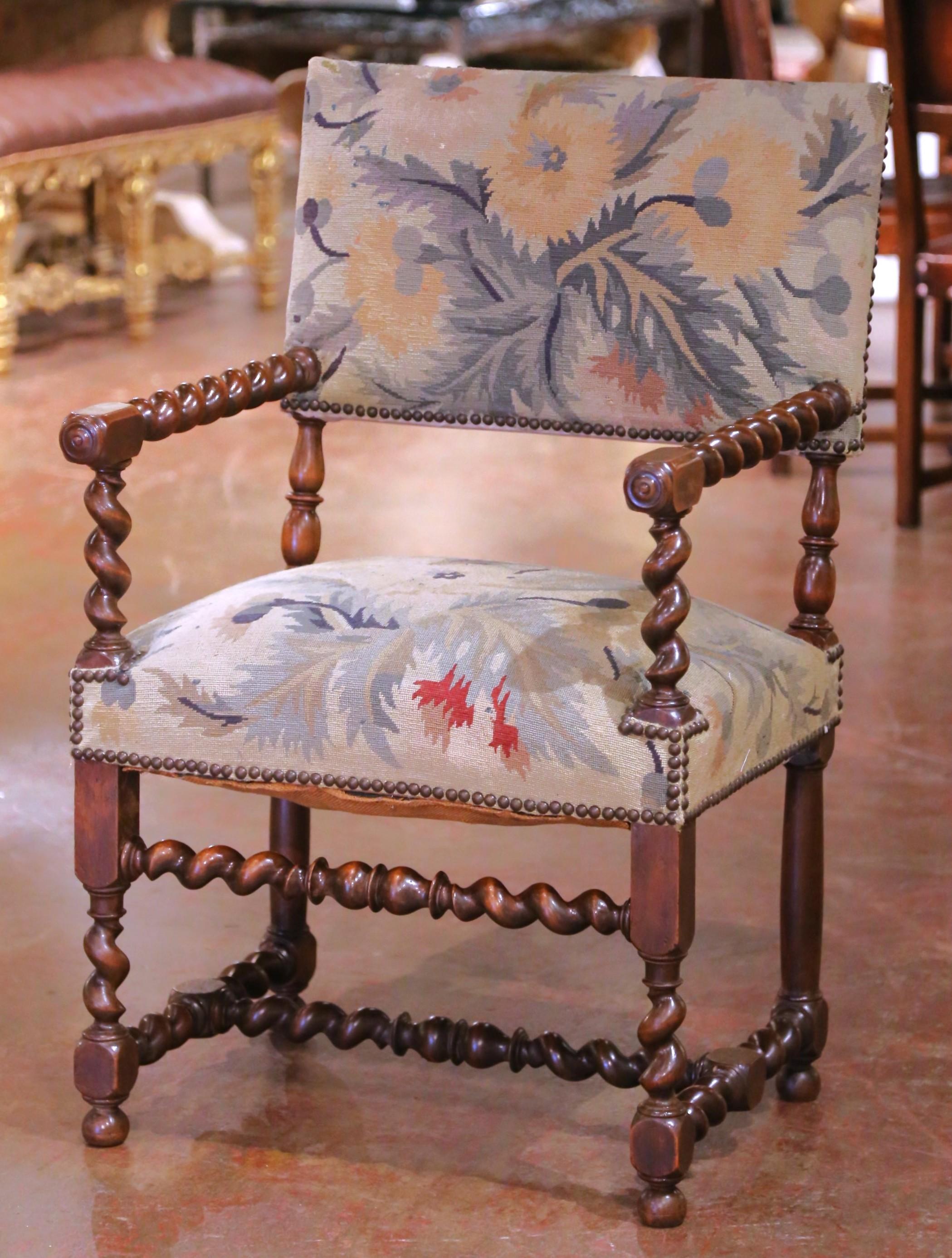Pair of 19th C. French Louis XIII Walnut Armchairs with Aubusson Upholstery In Excellent Condition For Sale In Dallas, TX