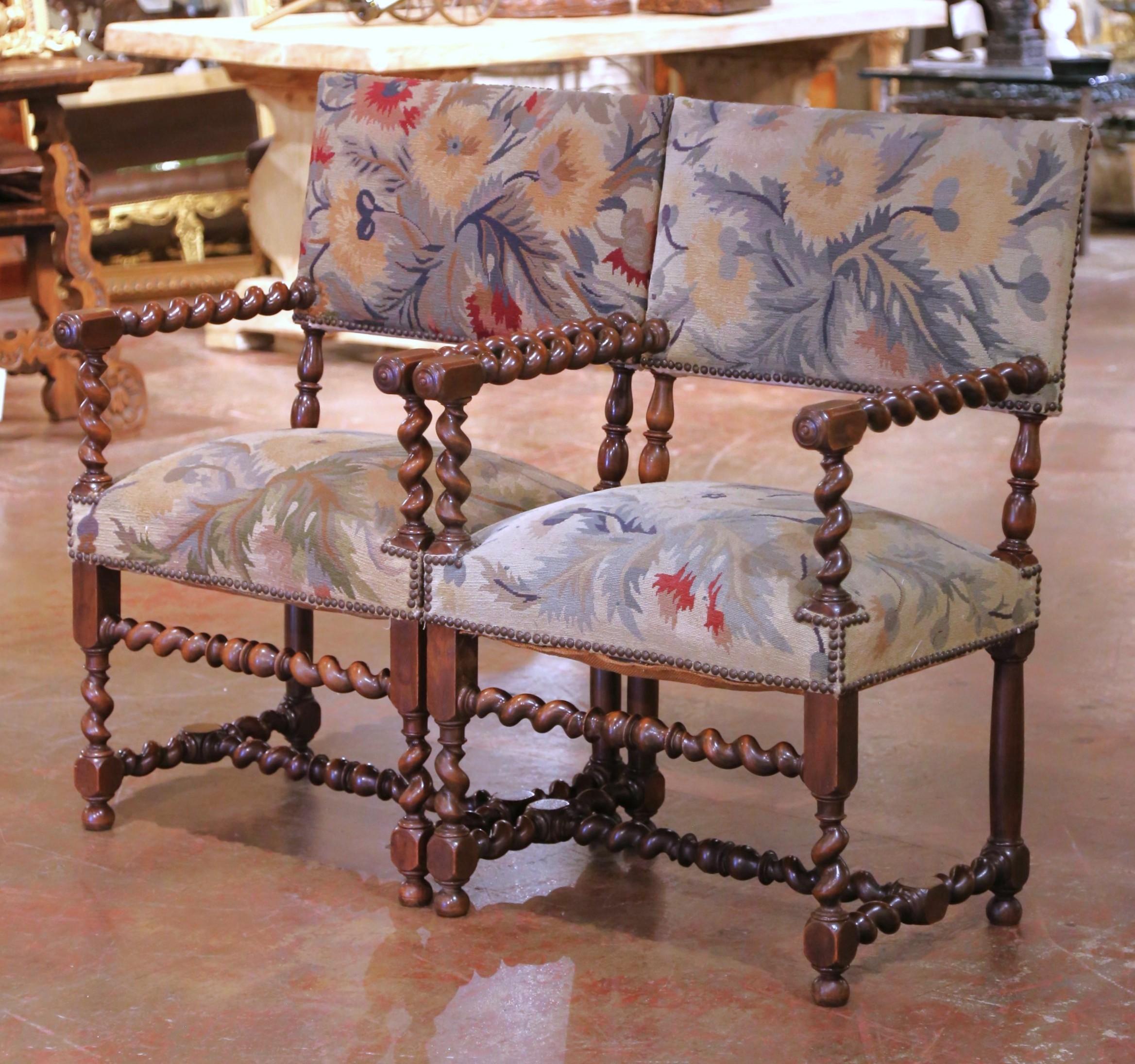19th Century Pair of 19th C. French Louis XIII Walnut Armchairs with Aubusson Upholstery For Sale