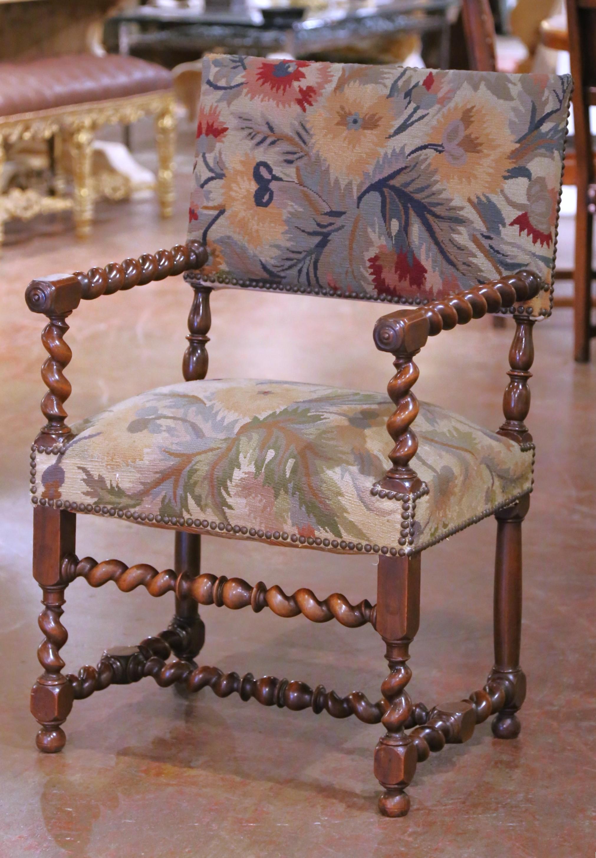 Tapestry Pair of 19th C. French Louis XIII Walnut Armchairs with Aubusson Upholstery For Sale