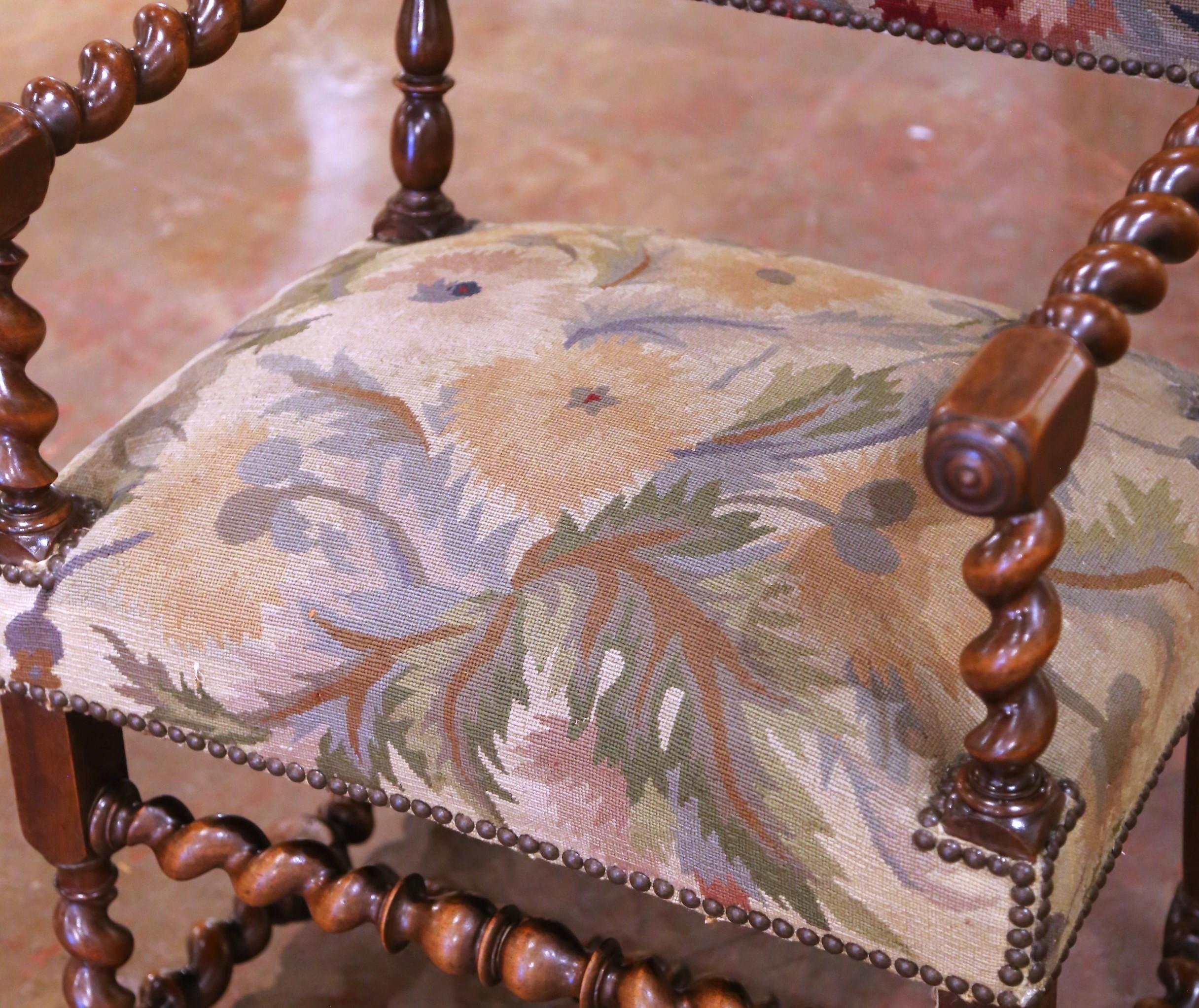 Pair of 19th C. French Louis XIII Walnut Armchairs with Aubusson Upholstery For Sale 3