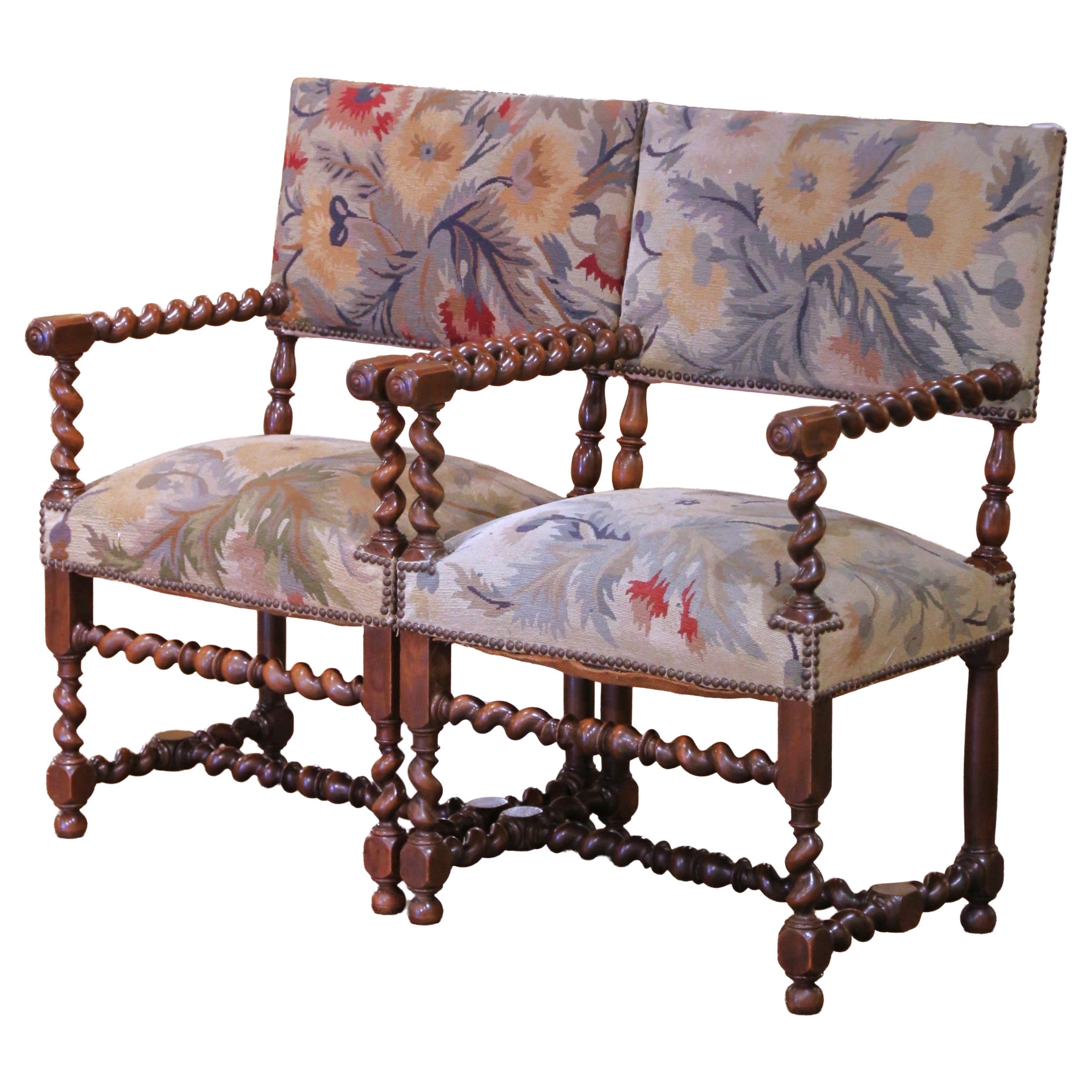 Pair of 19th C. French Louis XIII Walnut Armchairs with Aubusson Upholstery For Sale