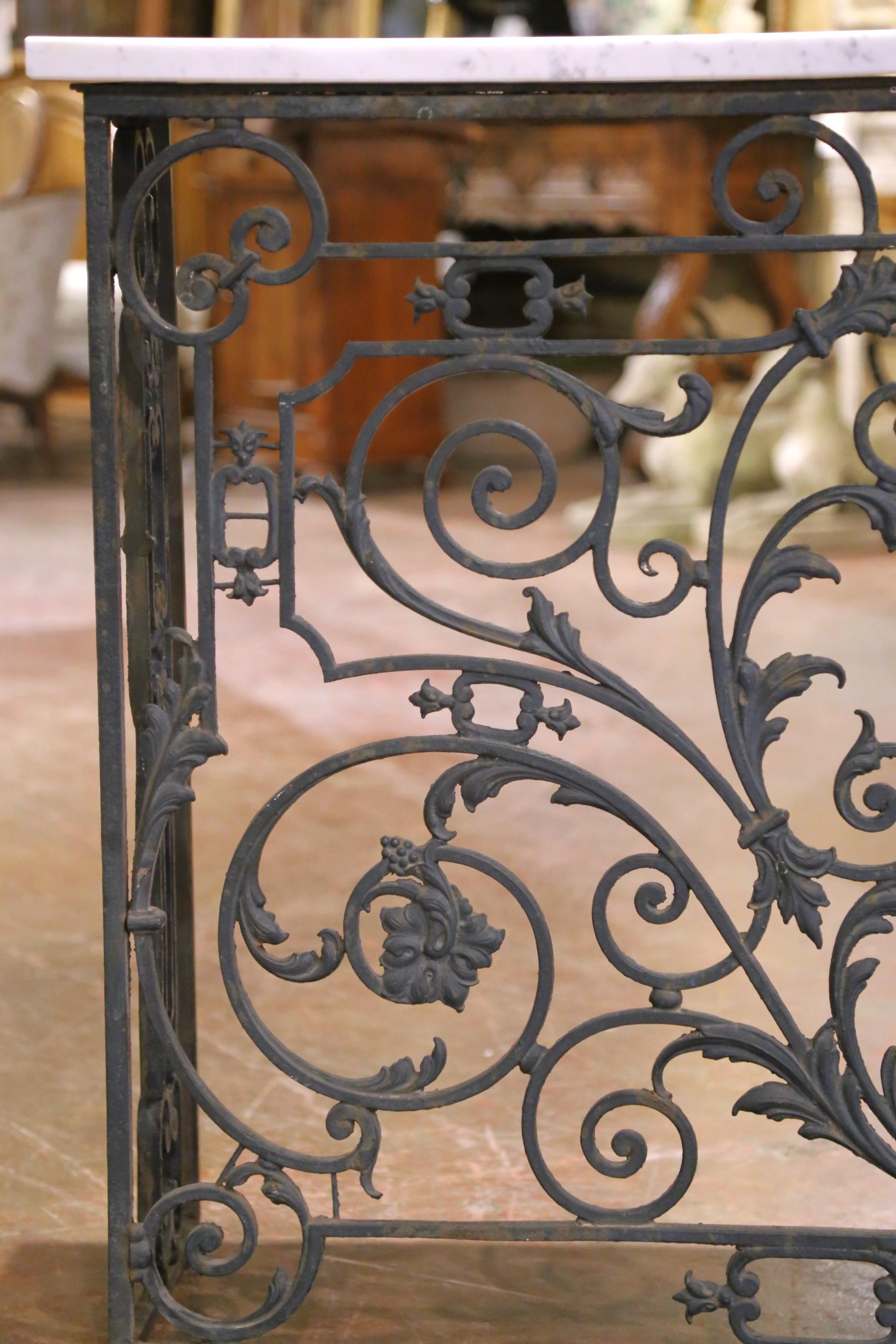 Pair of 19th C. French Louis XV Iron Console Tables with Marble Tops For Sale 4