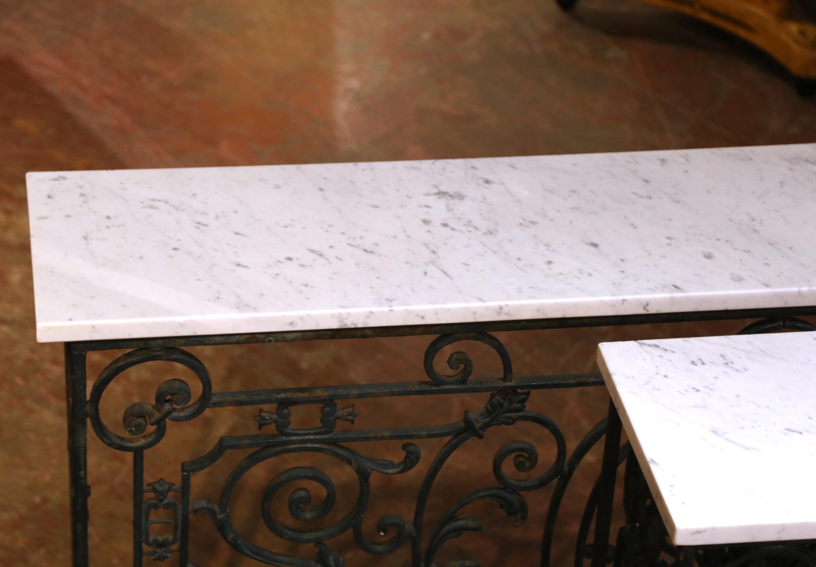 Pair of 19th C. French Louis XV Iron Console Tables with Marble Tops For Sale 9