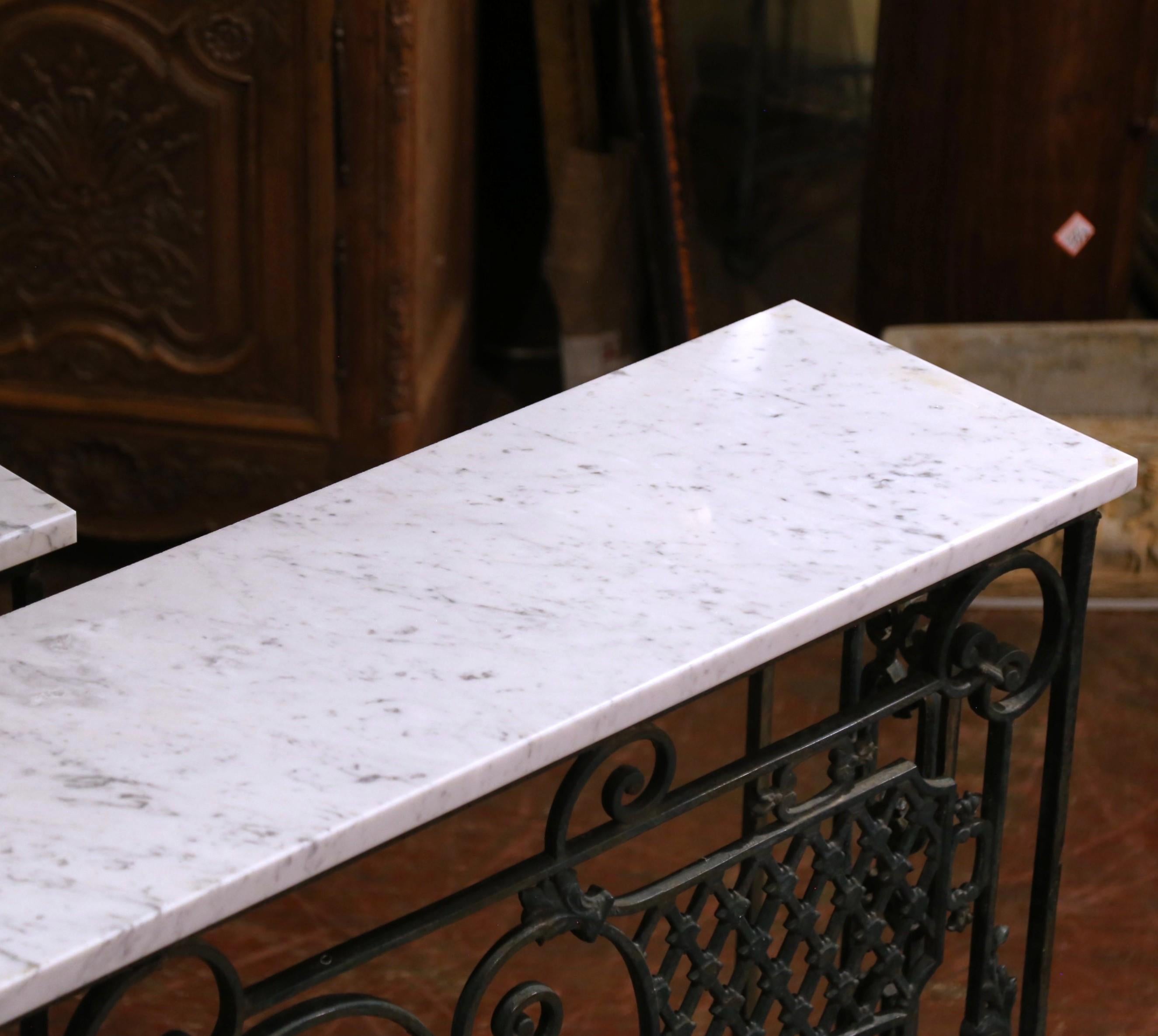 Pair of 19th C. French Louis XV Iron Console Tables with Marble Tops For Sale 10