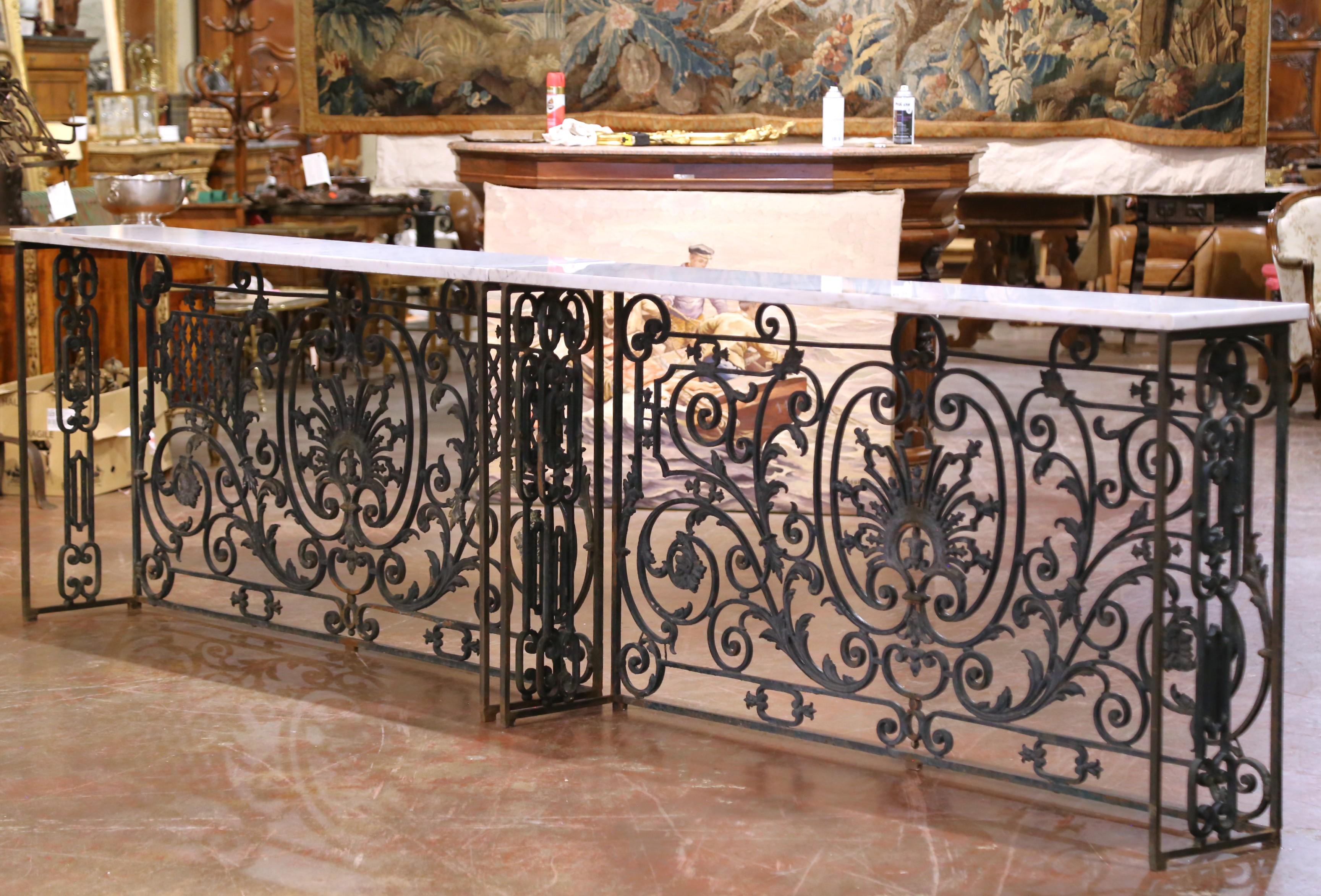 Pair of 19th C. French Louis XV Iron Console Tables with Marble Tops For Sale 11