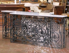 Pair of 19th C. French Louis XV Iron Console Tables with Marble Tops