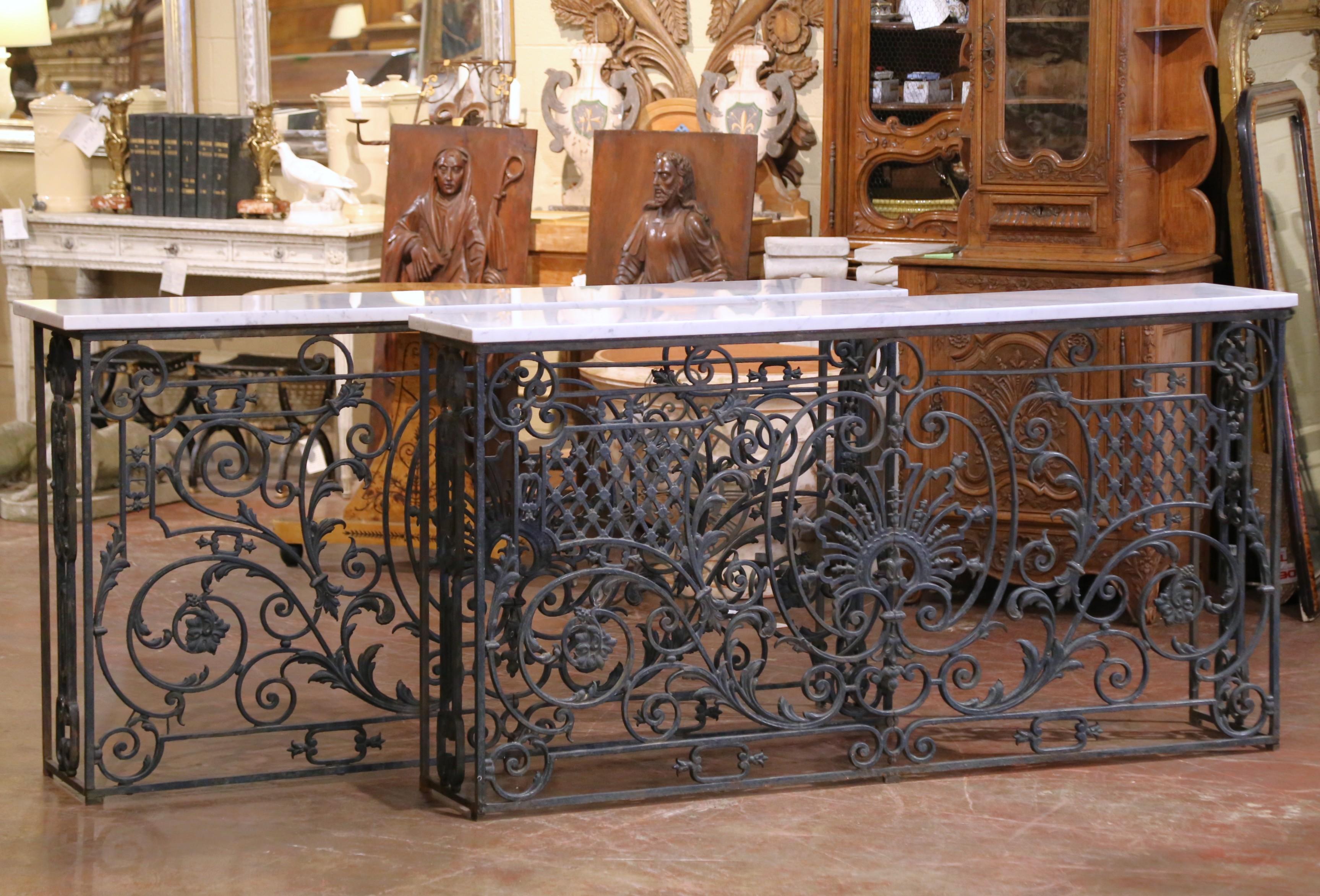 Forged Pair of 19th C. French Louis XV Iron Console Tables with Marble Tops For Sale