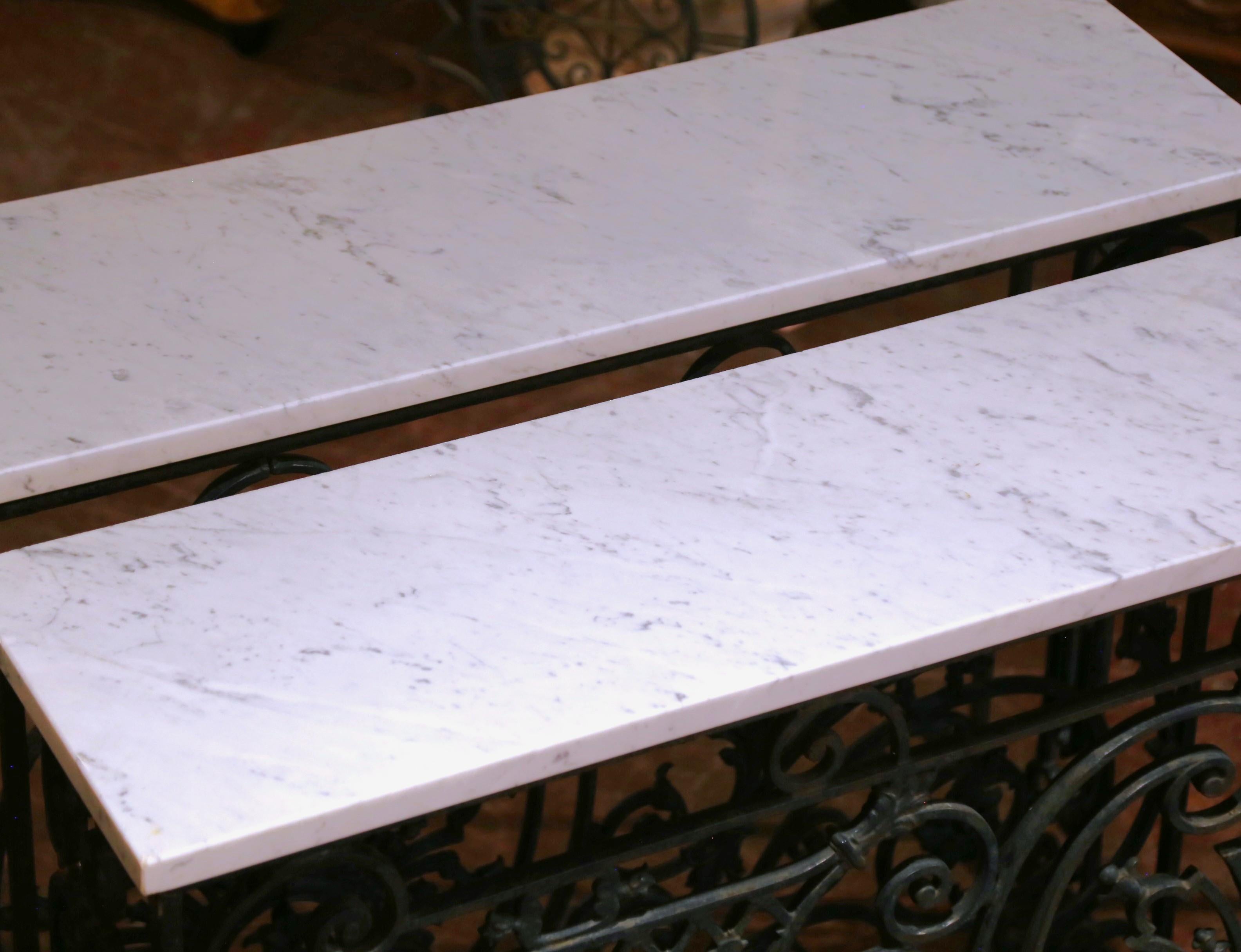 Pair of 19th C. French Louis XV Iron Console Tables with Marble Tops In Excellent Condition For Sale In Dallas, TX