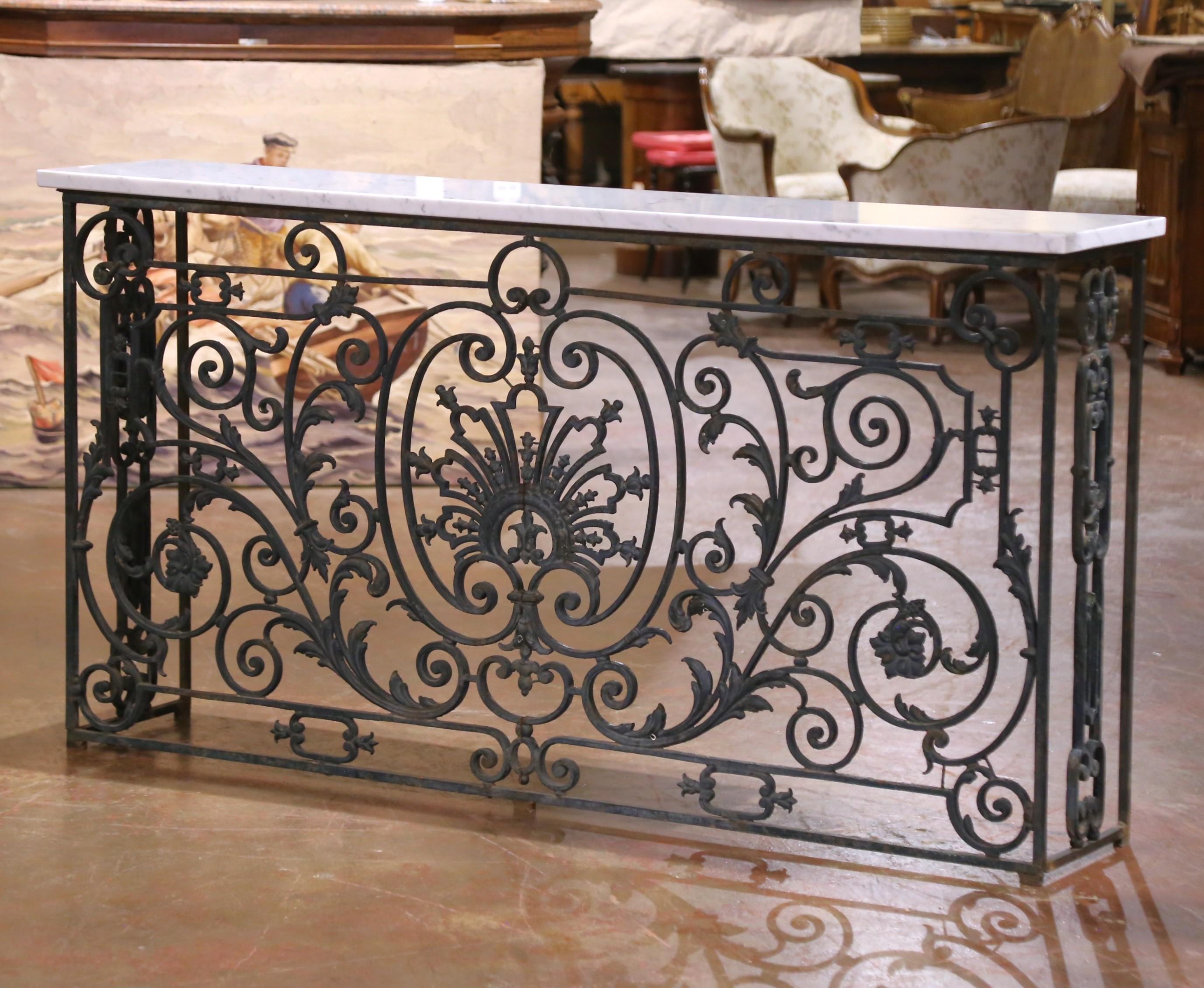 Wrought Iron Pair of 19th C. French Louis XV Iron Console Tables with Marble Tops For Sale