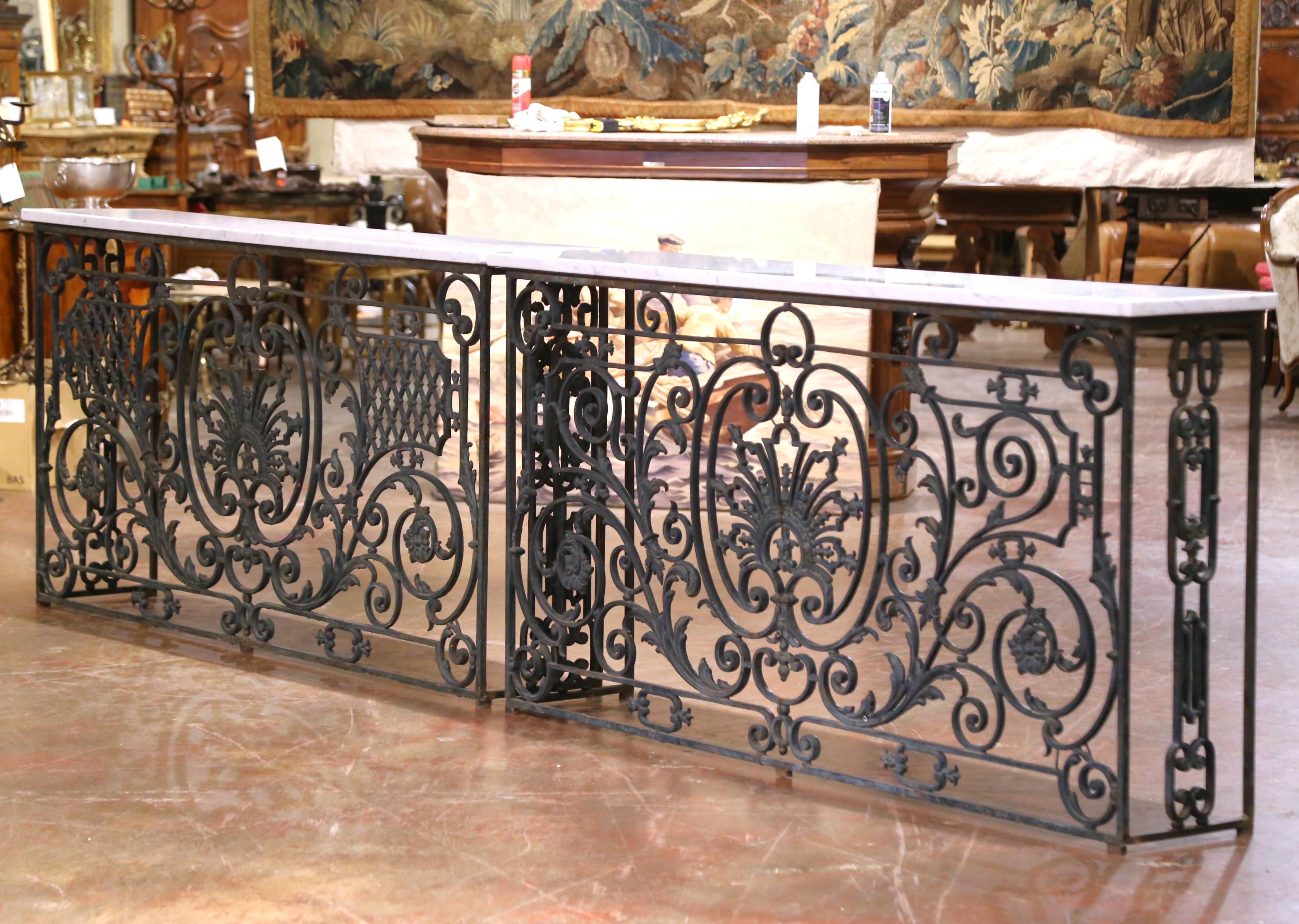 Pair of 19th C. French Louis XV Iron Console Tables with Marble Tops For Sale 1