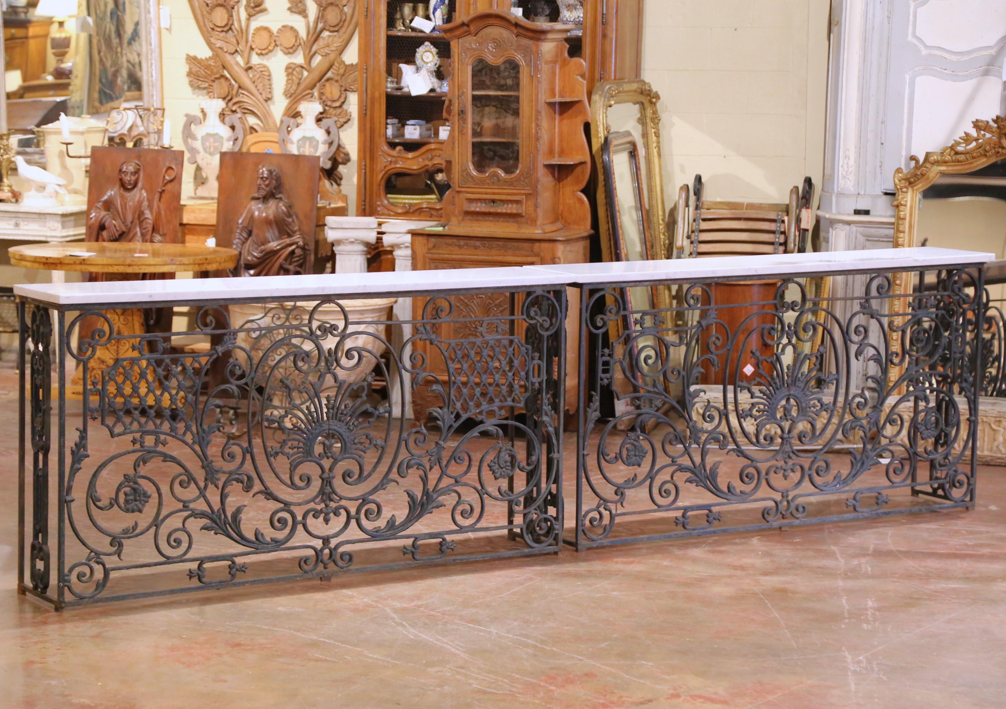 Pair of 19th C. French Louis XV Iron Console Tables with Marble Tops For Sale 2