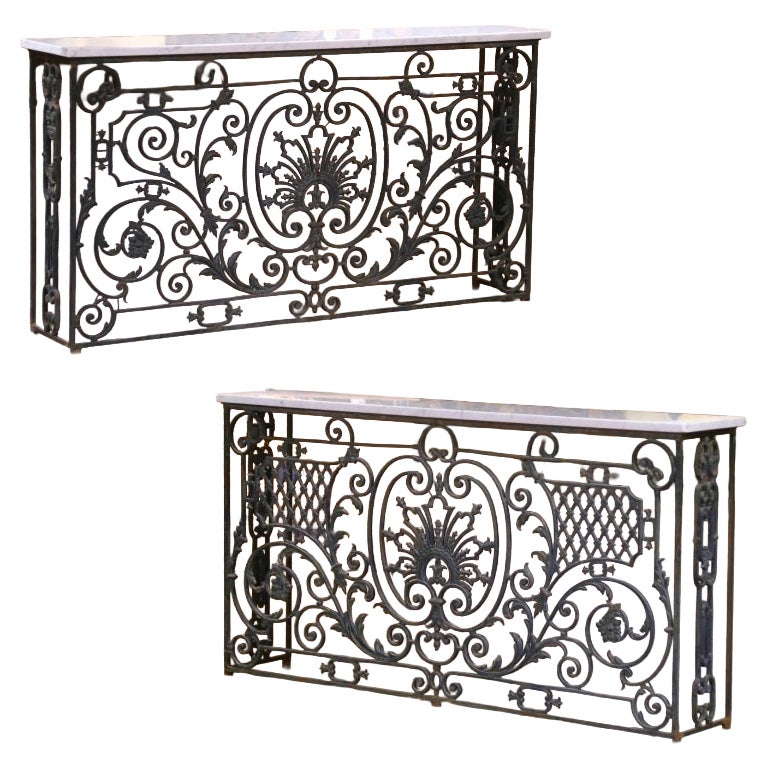 Pair of 19th C. French Louis XV Iron Console Tables with Marble Tops For Sale