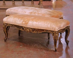 Pair of 19th C. French Louis XV Painted Walnut Benches with Gold Leaf Accents